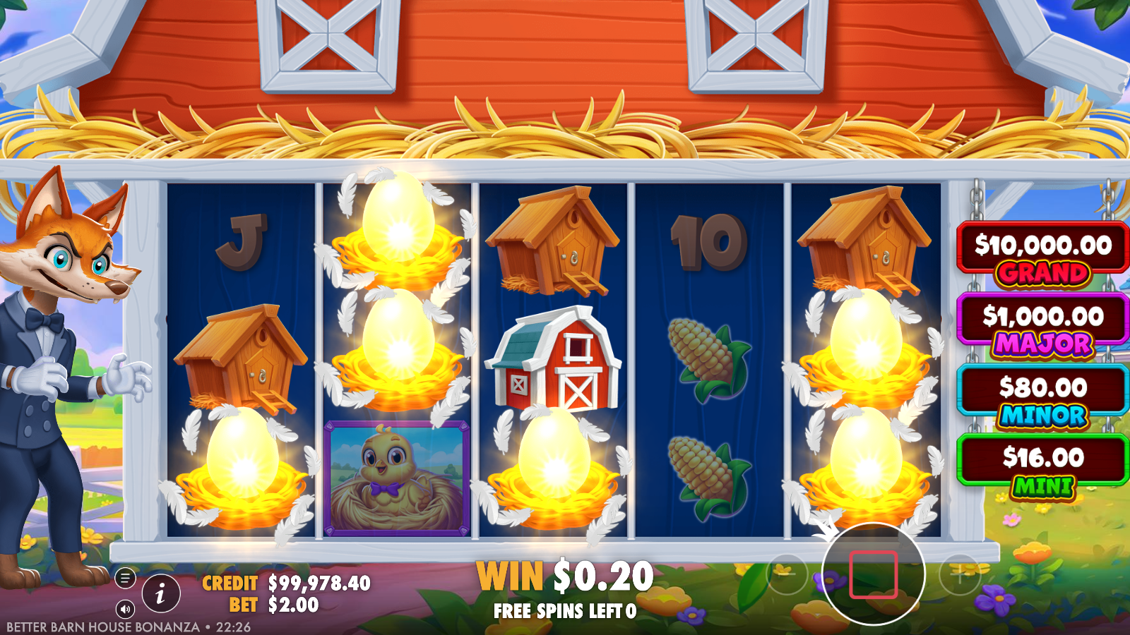 The free-spins house-upgrade feature in play, with birdhouse markers and glowing collect orbs across the reels under the barn-roof frame