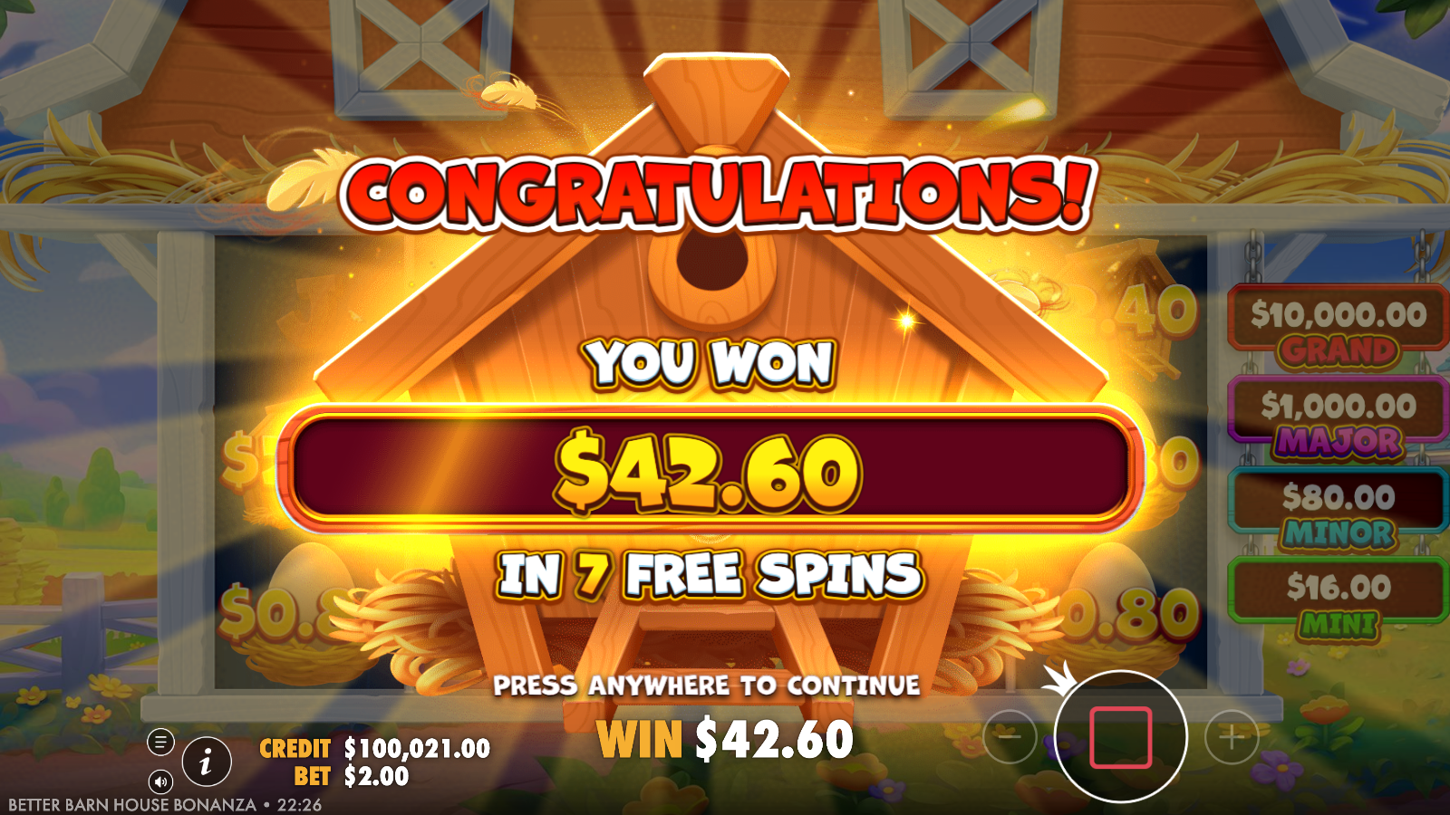 The free-spins round closing on its win-summary card, framed by the wooden barn-house structure