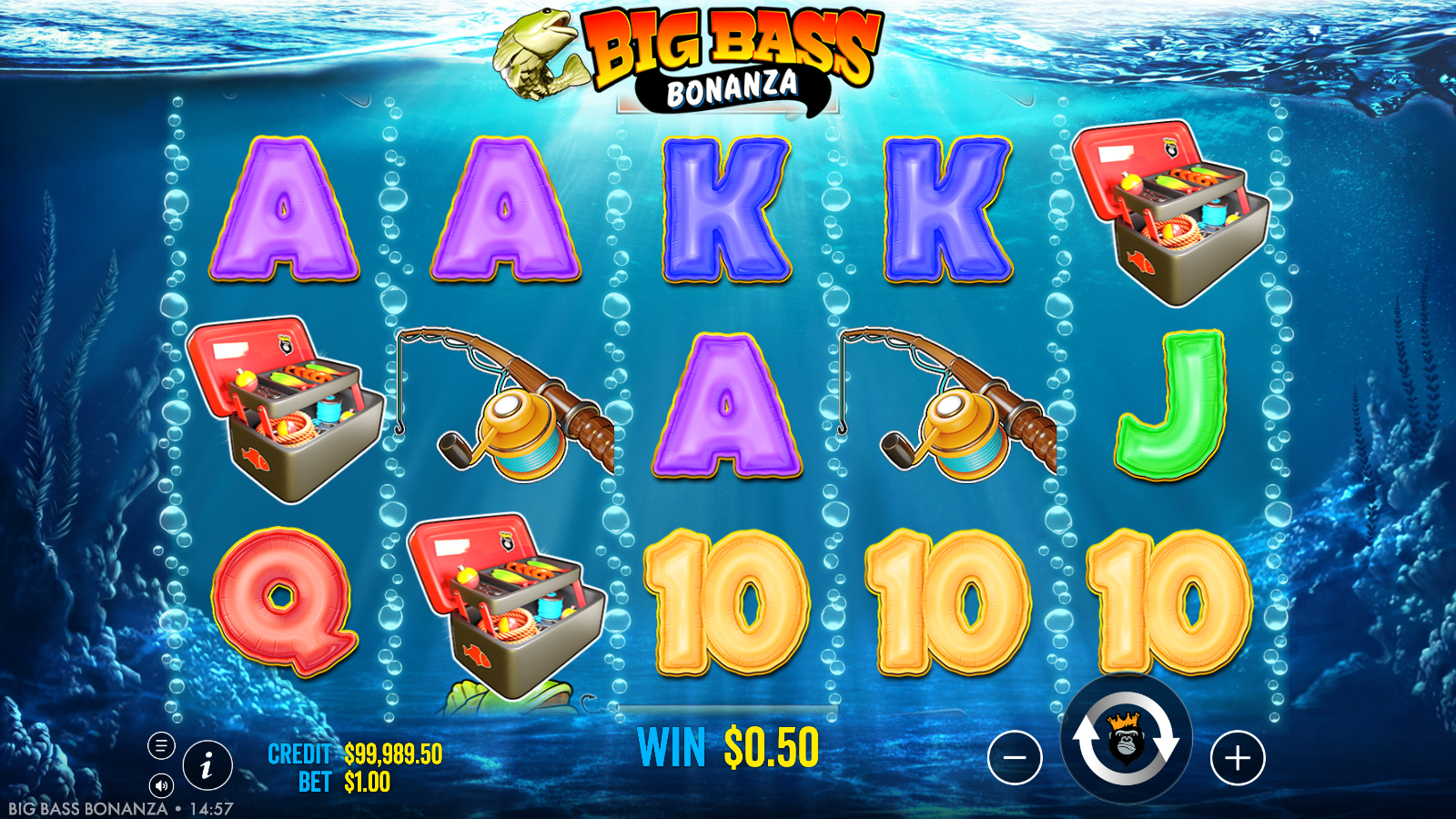 Big Bass Bonanza base game grid with three-10 line win