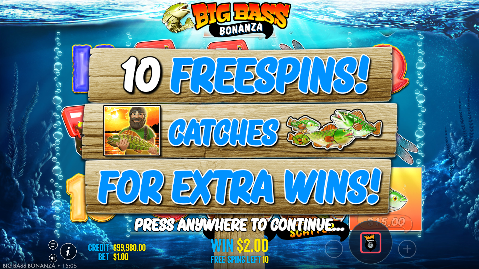 Big Bass Bonanza ten free spins feature intro screen
