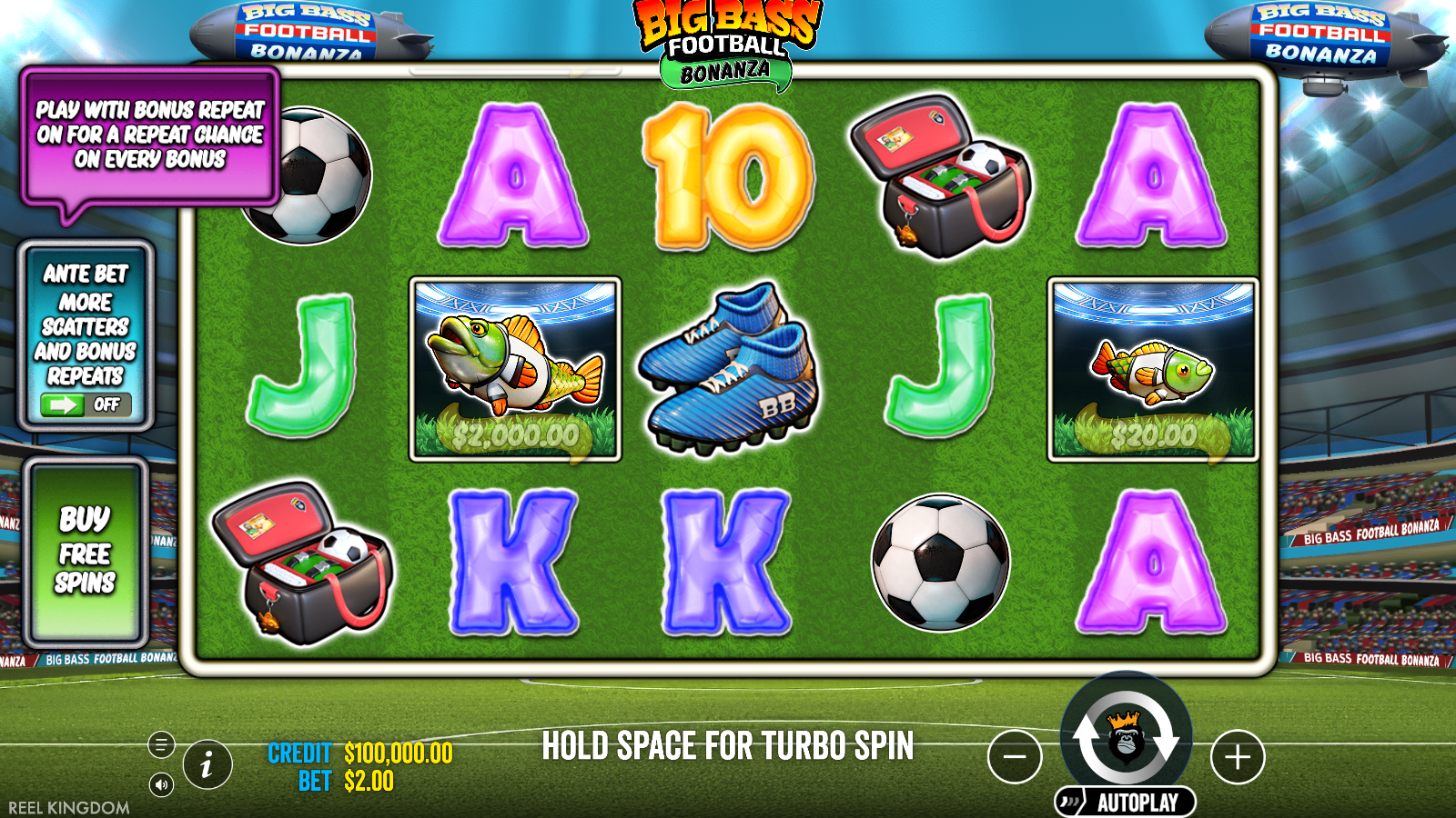 Big Bass Football Bonanza base game grid showing the 5x3 reel layout with both team meter side panels and the Buy Free Spins menu