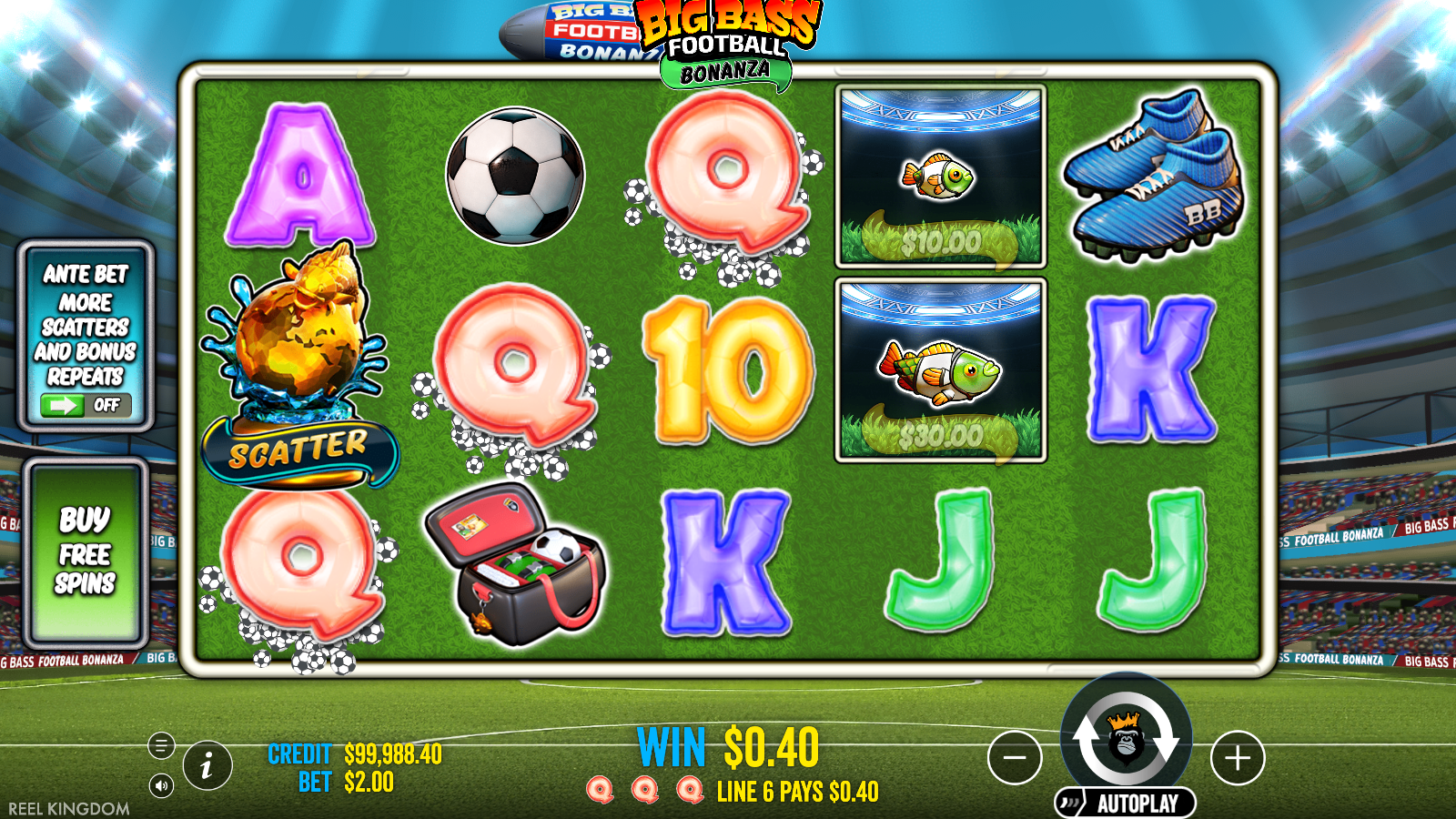 Small base-game win on a Q line with the scatter still on reel 1