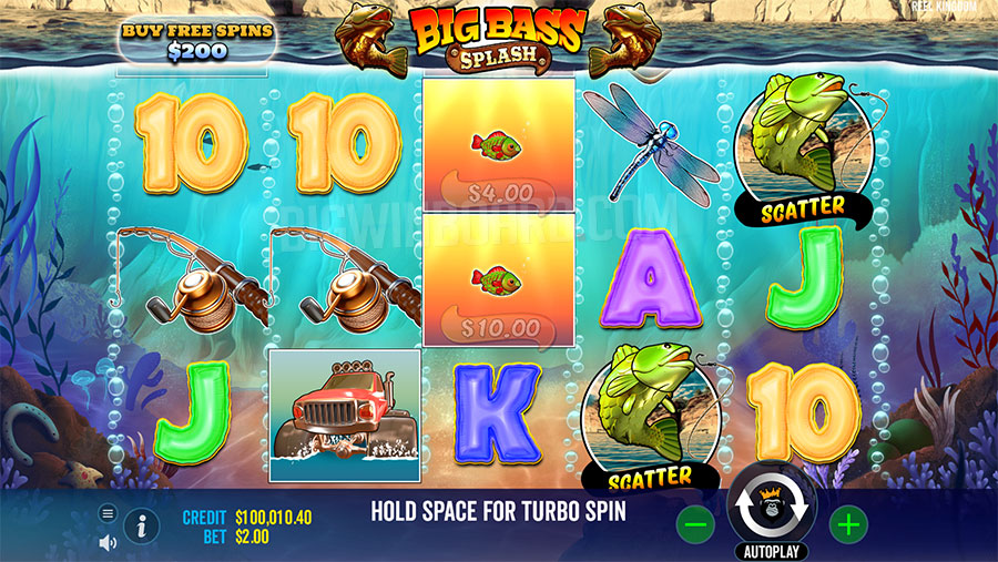 Big Bass Splash base game grid showing the 5x3 fishing-themed reel layout with lily pads and royals