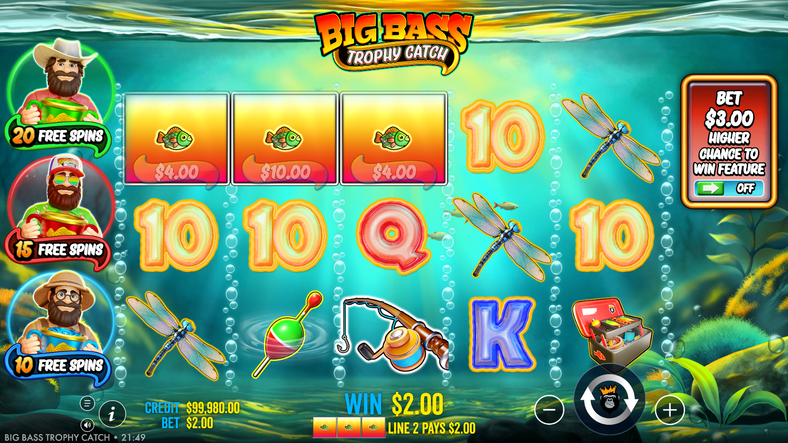 Big Bass Trophy Catch base game with a winning payline and three matched fish money symbols highlighted