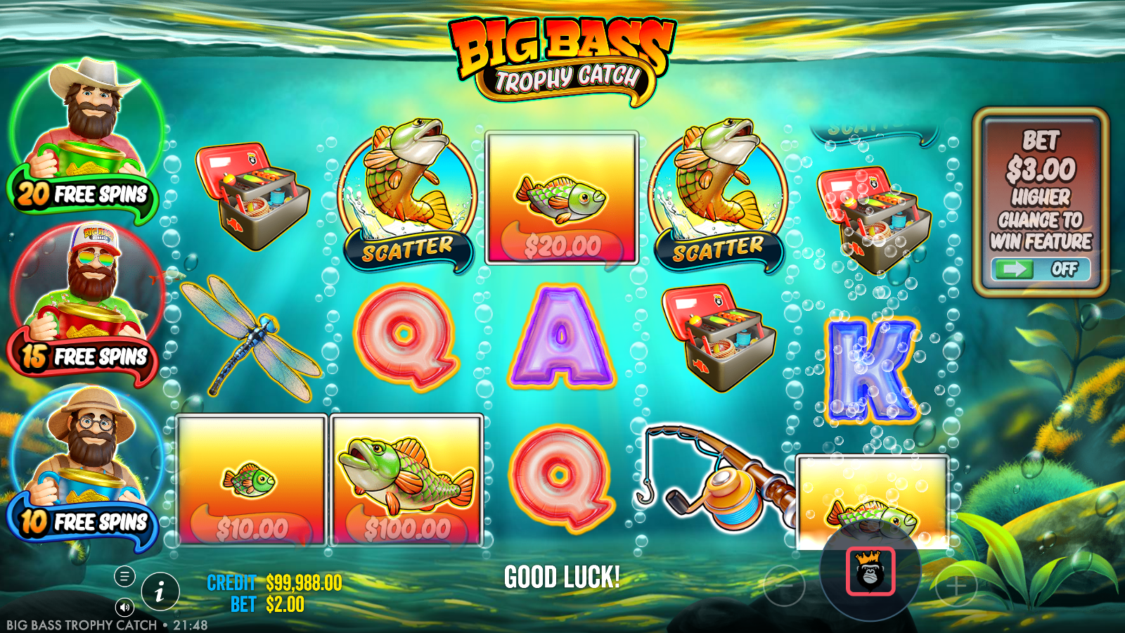 Two scatter symbols landing alongside high-value fish money symbols in the base game