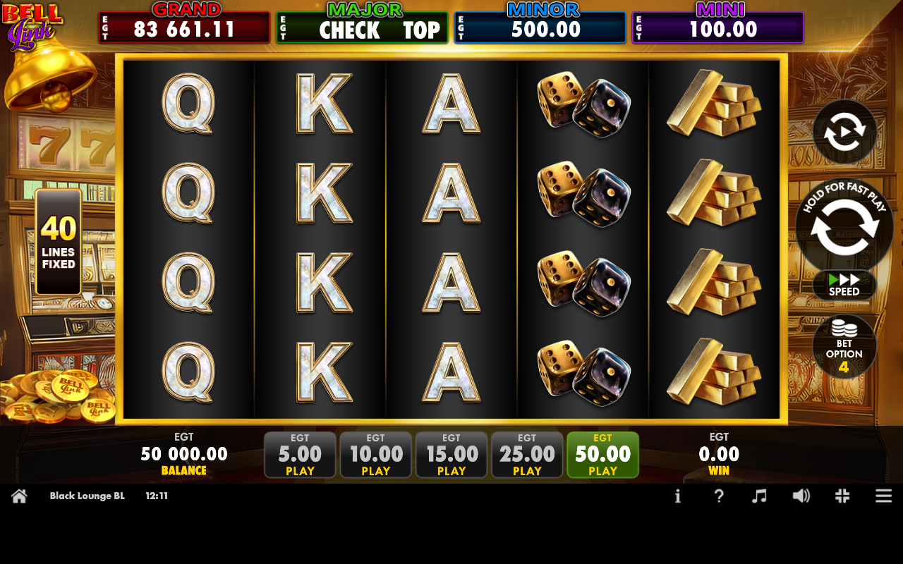 Black Lounge Bell Link base game 5 by 4 grid with card royals and gold bars, and the four Bell Link jackpot meters Grand, Major, Minor and Mini along the top