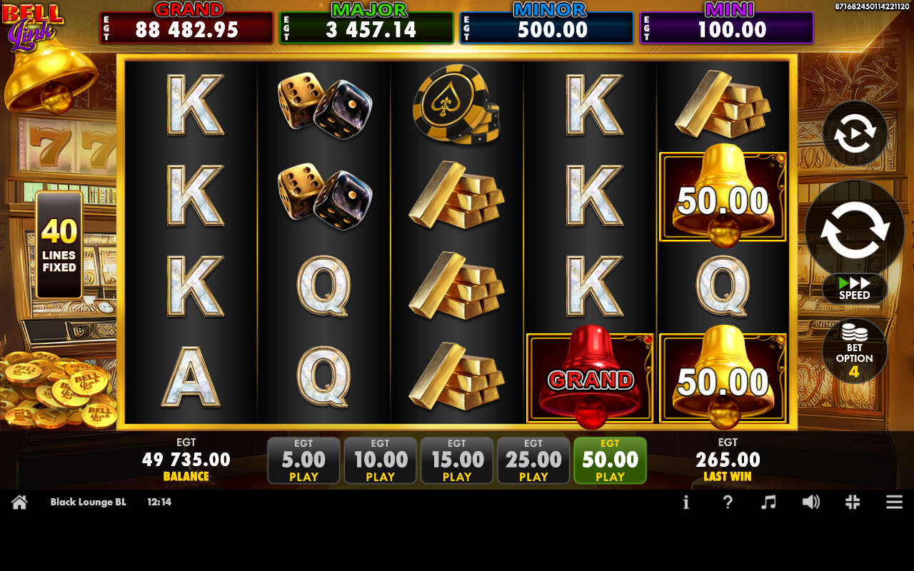 Black Lounge Bell Link grid showing gold Bell symbols carrying cash values and a red Grand jackpot symbol, the symbols that feed the Bell Link Hold and Win