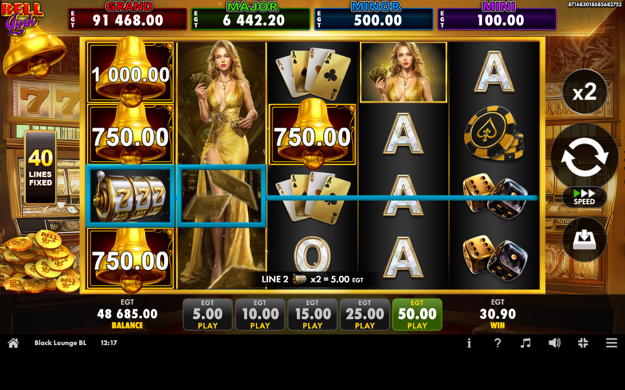 Black Lounge Bell Link paid spin with expanding Wild women across the reels, cash-value bells and a times-two multiplier on a line win