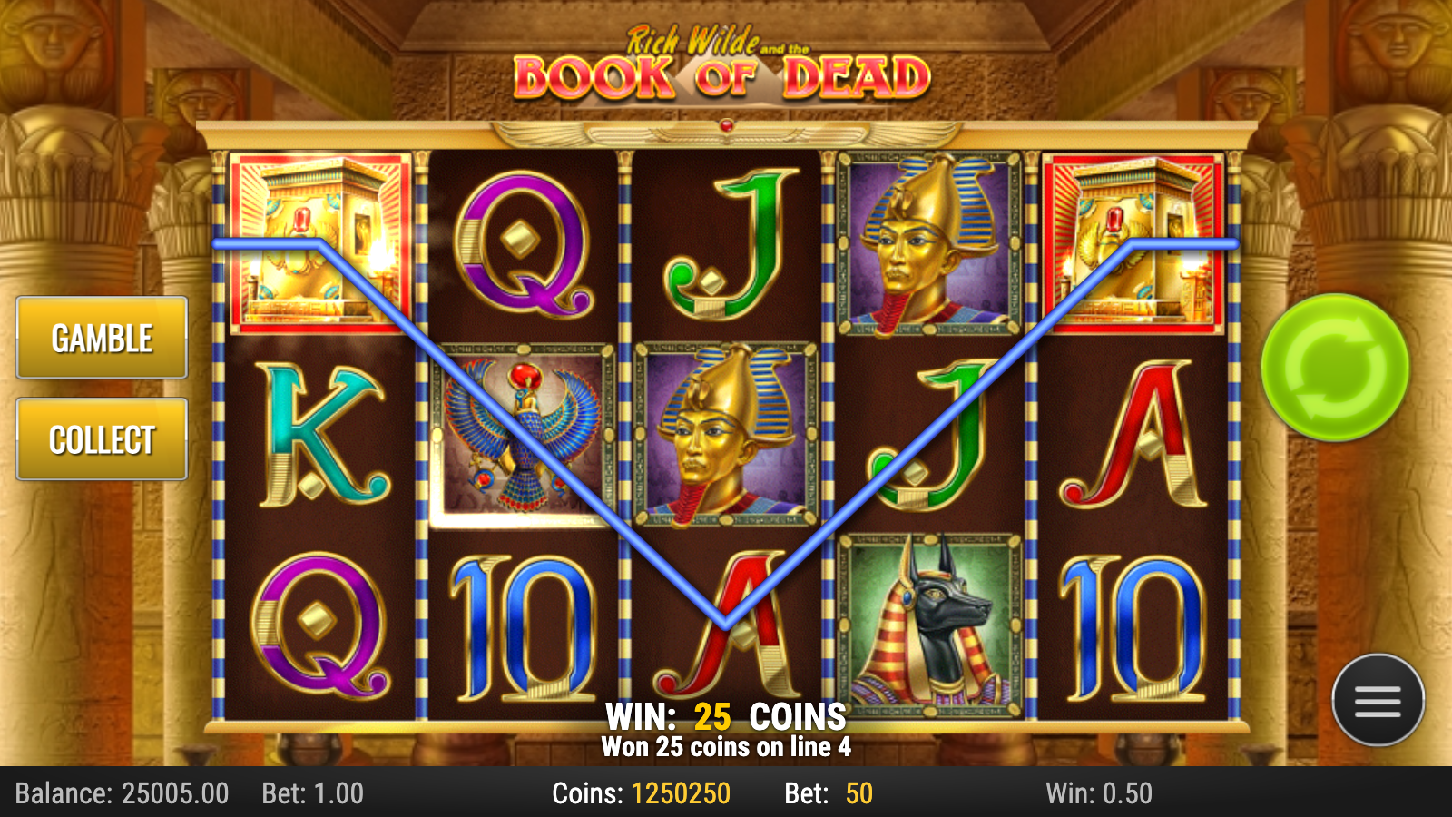 Book of Dead base game grid with a centre line win and two Book scatters