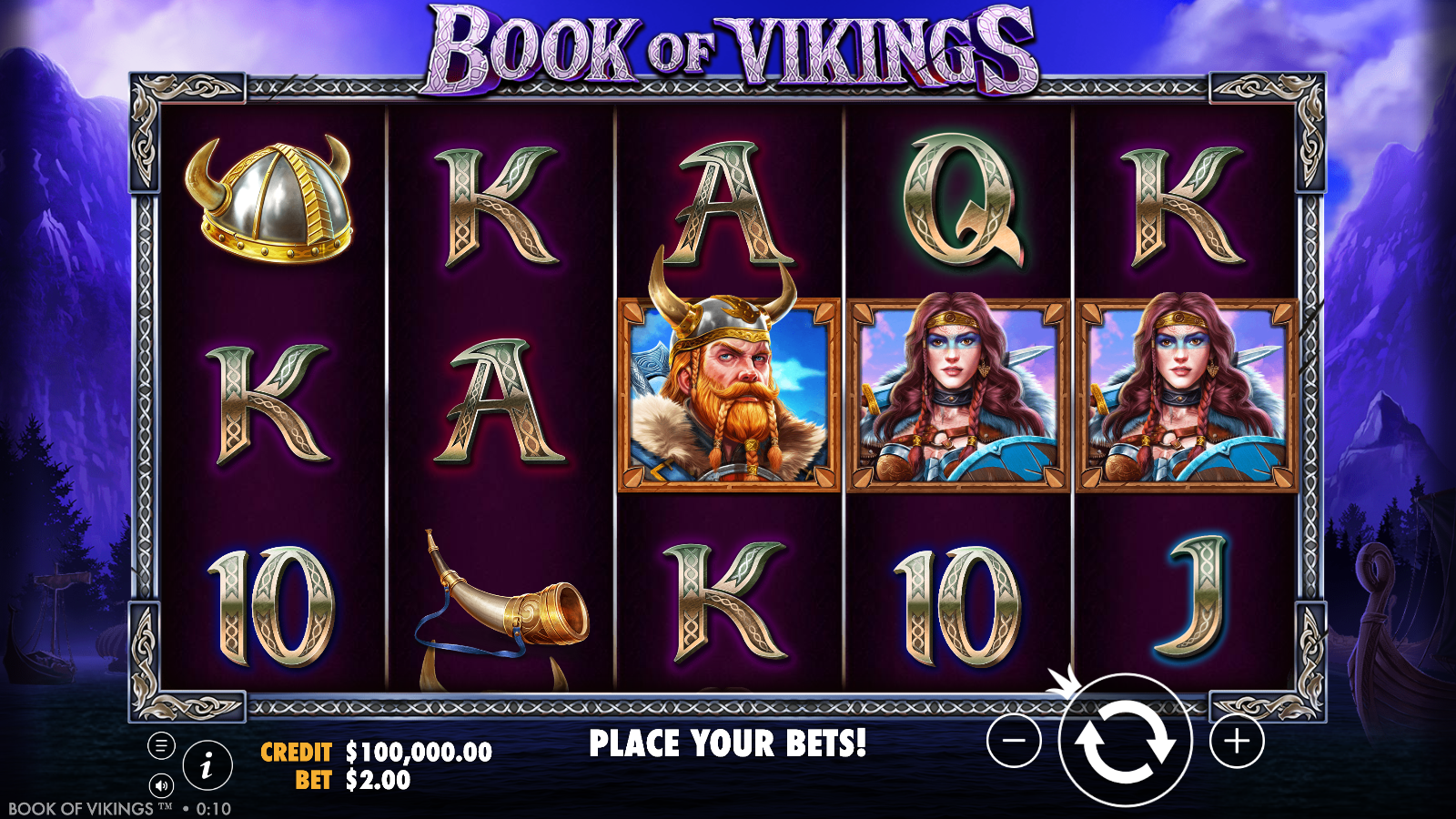 Book of Vikings base game at idle: a 5×3 grid showing the horned helmet, drinking horn, royal card symbols and both Viking premiums, with the full betting UI and circular spin button on the right