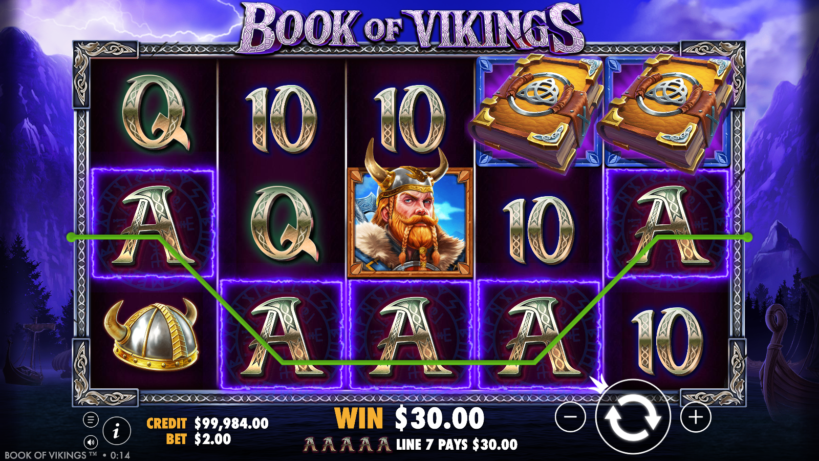 Book of Vikings line win: five A symbols across a payline with the green tracer drawn and the win readout showing, while two glowing Book symbols sit on the right-hand reels