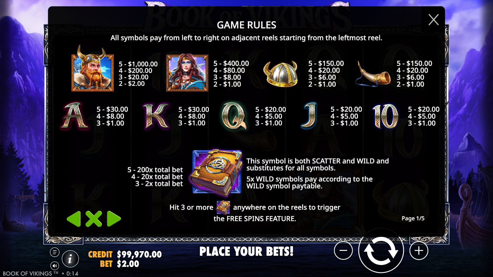 Book of Vikings GAME RULES page one: the full symbol paytable from the royals up to the Viking king, plus the Book wild and scatter rule text