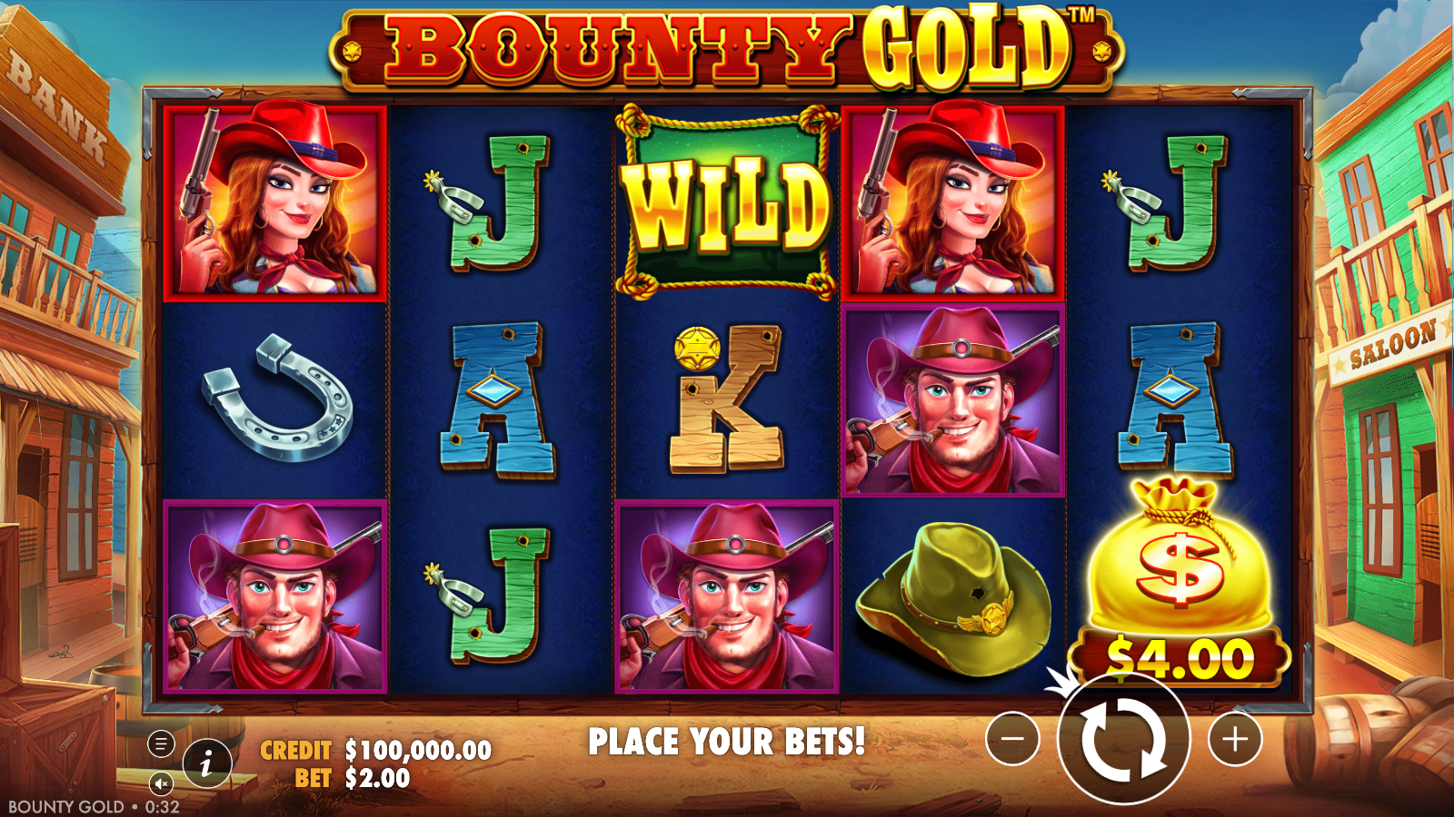Bounty Gold base game at idle: the 5×3 Wild West grid with the bank and saloon behind the reels, showing the cowgirl, cowboy, stetson, horseshoe and A/K/Q/J royal symbols plus a Money symbol carrying a 2×-bet value, with the full betting UI and circular spin control bottom right