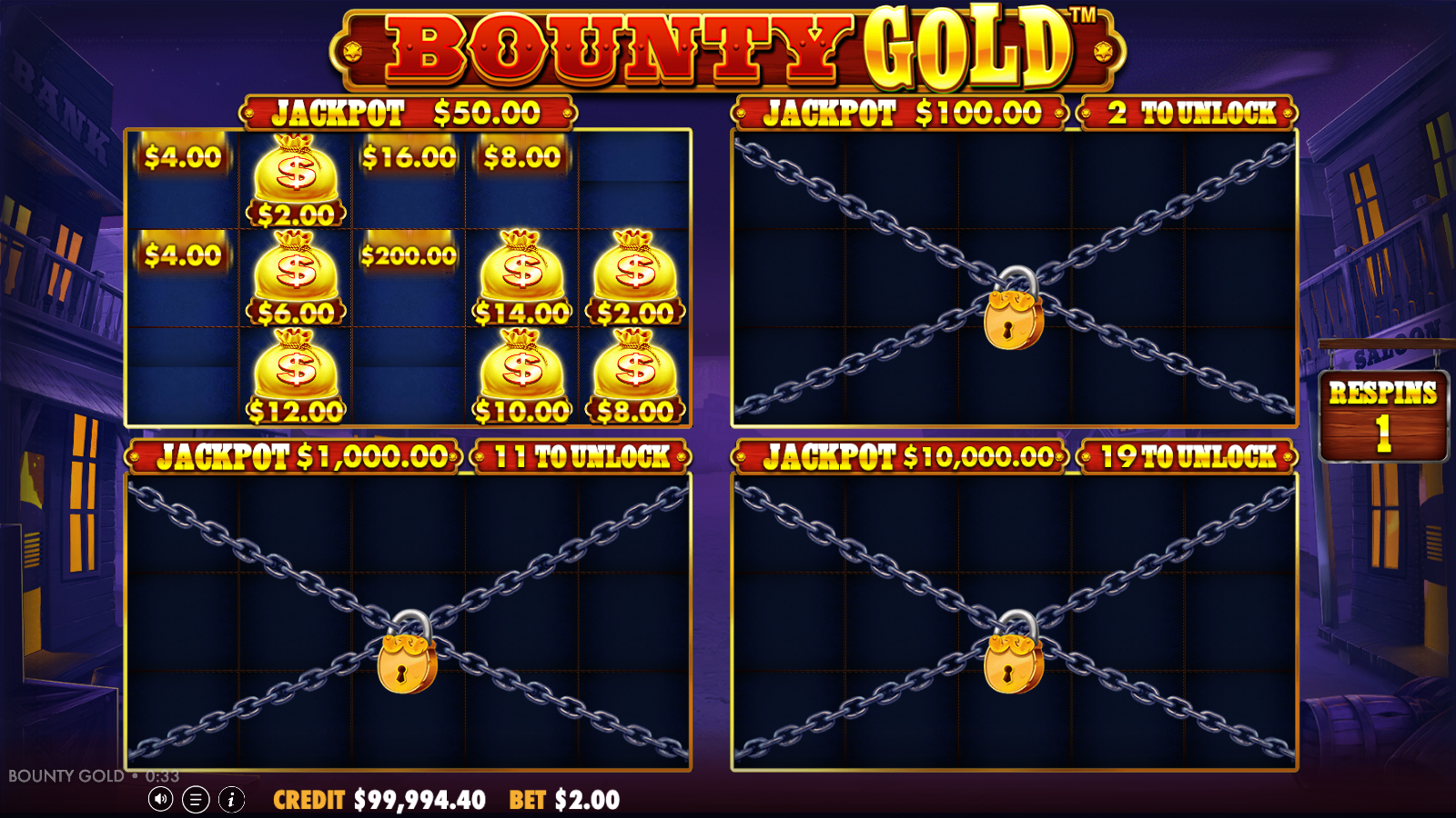 Bounty Gold Money Respin feature in progress: the four-matrix hold-and-win board with matrix 1 nearly full of held Money symbols showing their values, the respins counter reading 1, and the fixed jackpot ladder for all four matrices listing 25×, 50×, 500× and 5,000× total bet with matrices 2 to 4 still chained and locked