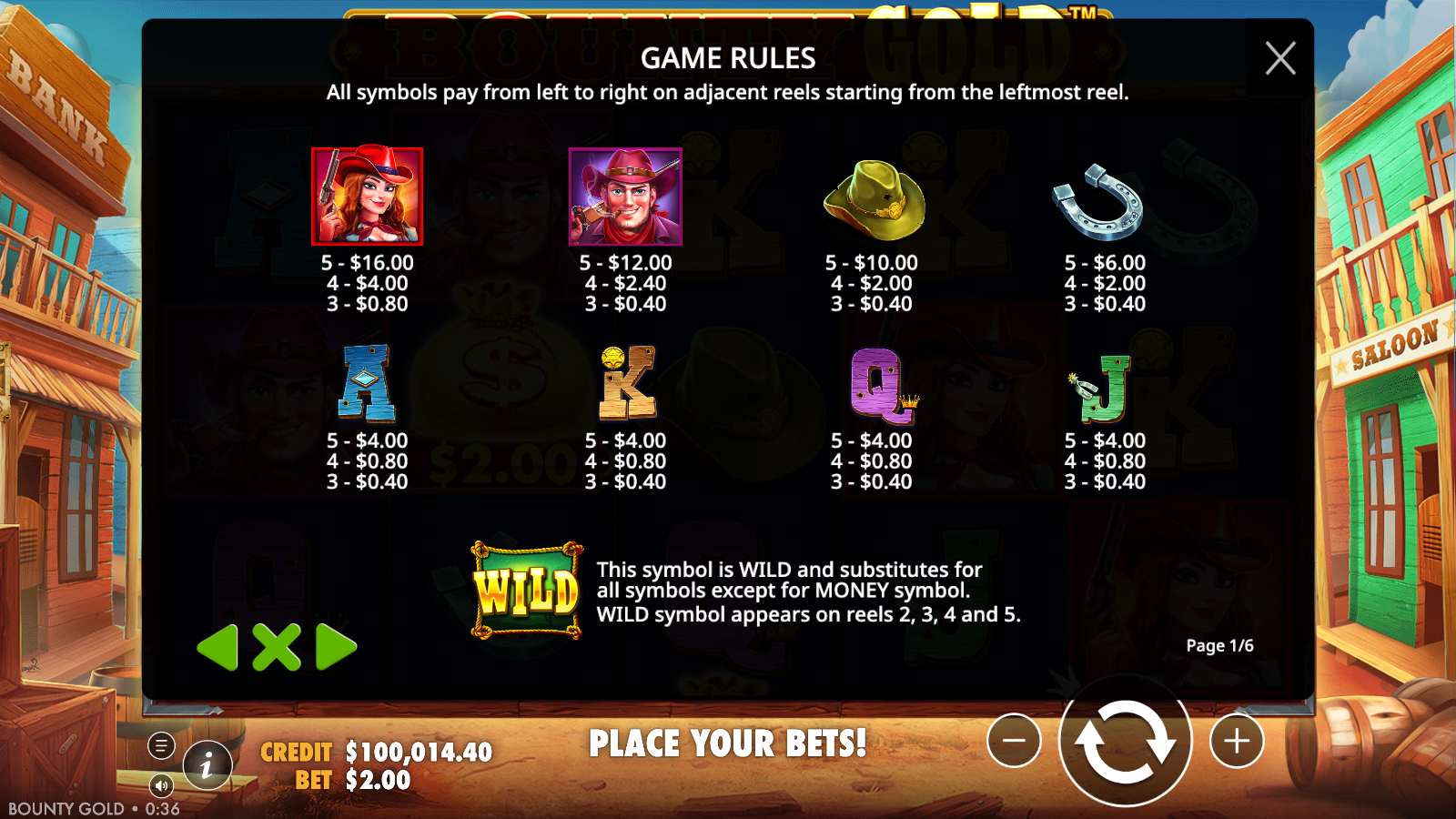 Bounty Gold GAME RULES page 1 of 6: the full symbol paytable from the A/K/Q/J royals up to the cowgirl top premium, alongside the Wild rule text