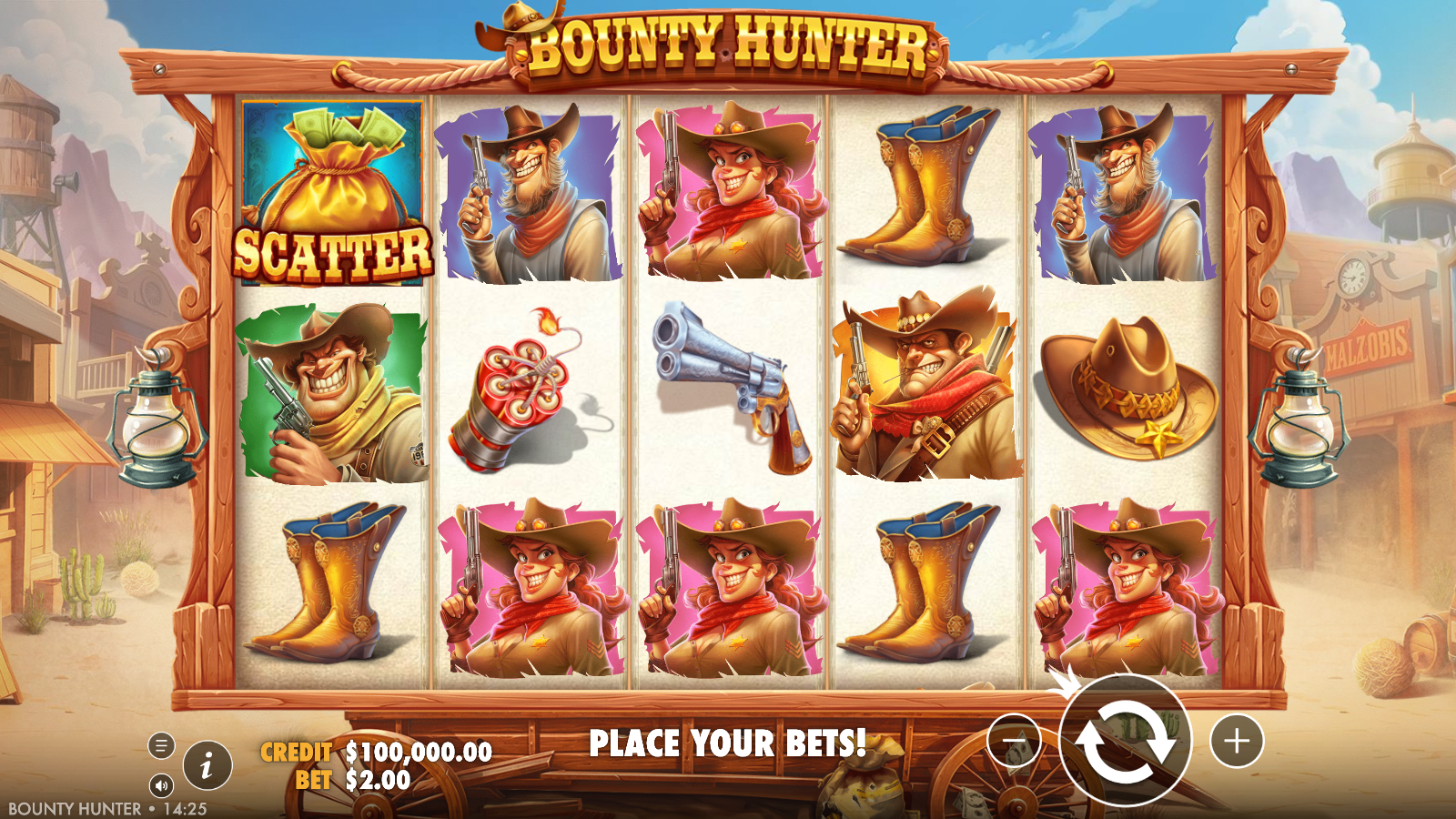 Bounty Hunter base game at idle: the 5×3 Wild West grid against a frontier-town backdrop, showing the bandit and cowgirl premiums alongside the hat, boots, revolver and dynamite lower symbols, with the full bet controls and circular spin button on an A$2 stake