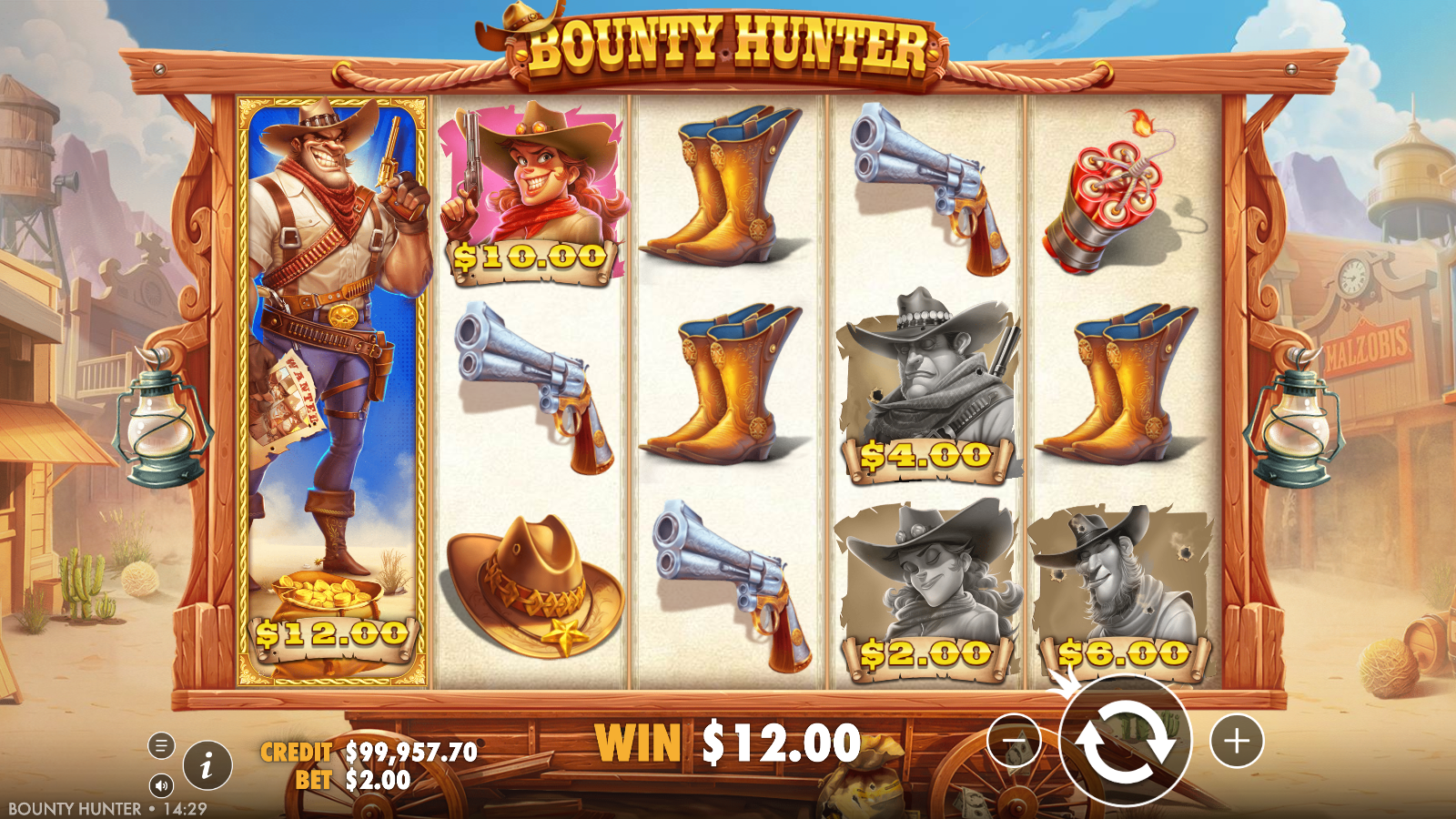 Bounty Hunter Collector duel resolved: the Collector has expanded across reel 1 into the bounty hunter and duelled each money-tagged premium symbol, with the collected symbols greyed and bullet-marked while the one that got away stays in colour, and a win banner posted on the grid