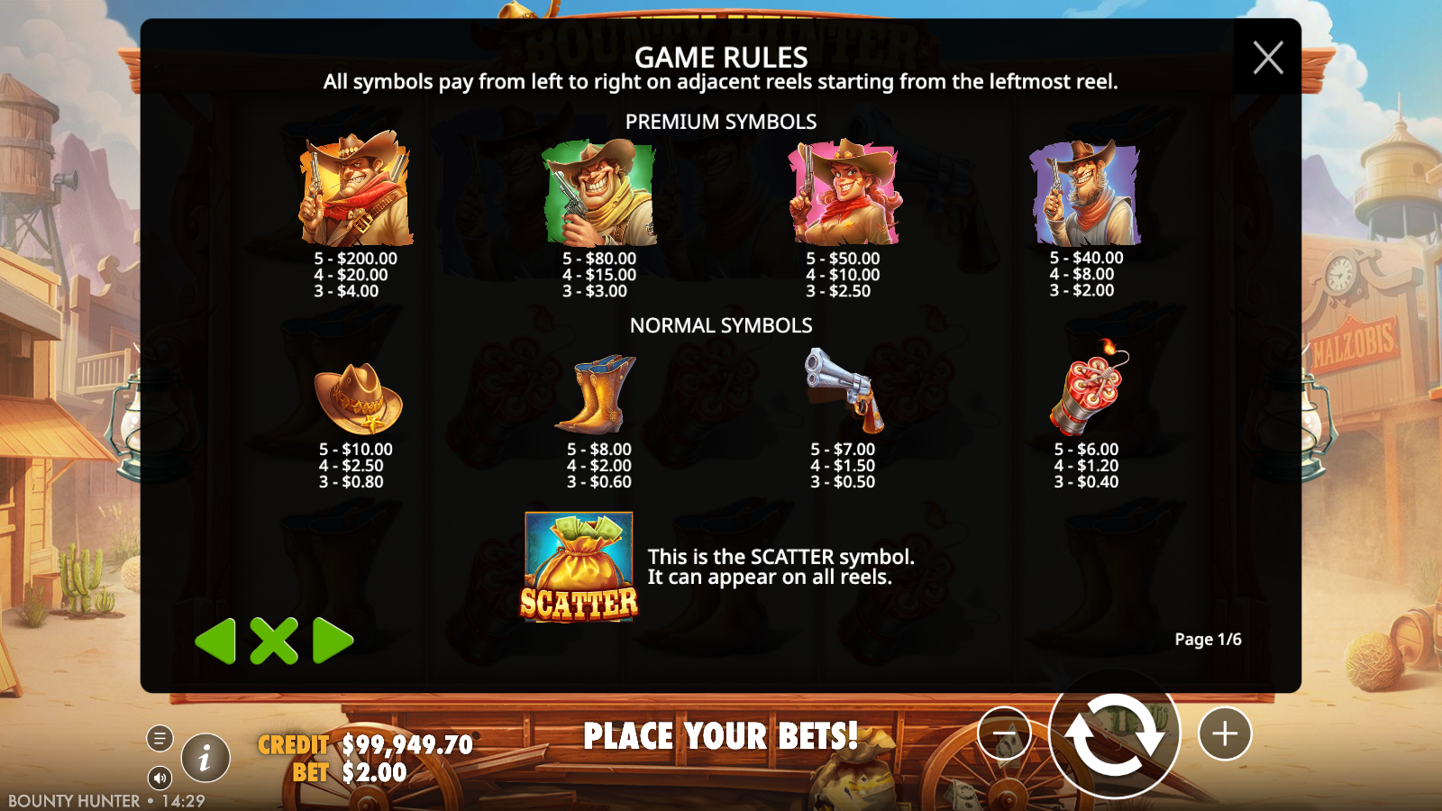 Bounty Hunter GAME RULES page 1 of 6: the full symbol paytable listing the four premium bandits and cowgirl, the four normal Western props of hat, boots, revolver and dynamite, and the scatter, each with 5, 4 and 3 of a kind payouts