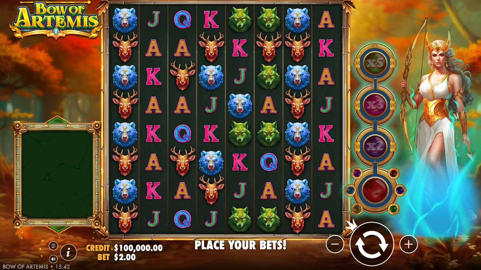 Bow of Artemis idle 8 by 8 cluster grid with blue bear, green wolf and brown stag animal premiums over A, K, Q and J royals, the goddess Artemis on the right beside The Hunt multiplier ladder, full game interface at bet A$2