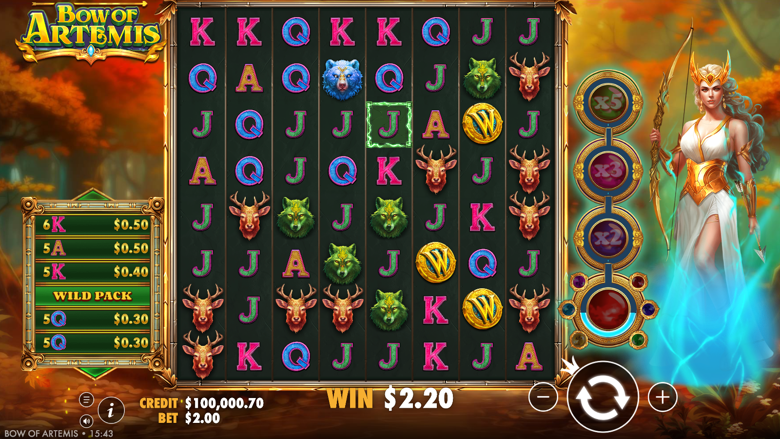 Bow of Artemis grid after a tumble win, with three gold Wild W coins added by the Wild Pack modifier, an itemised multi-line cluster win ledger, and a green marked trigger spot on the grid