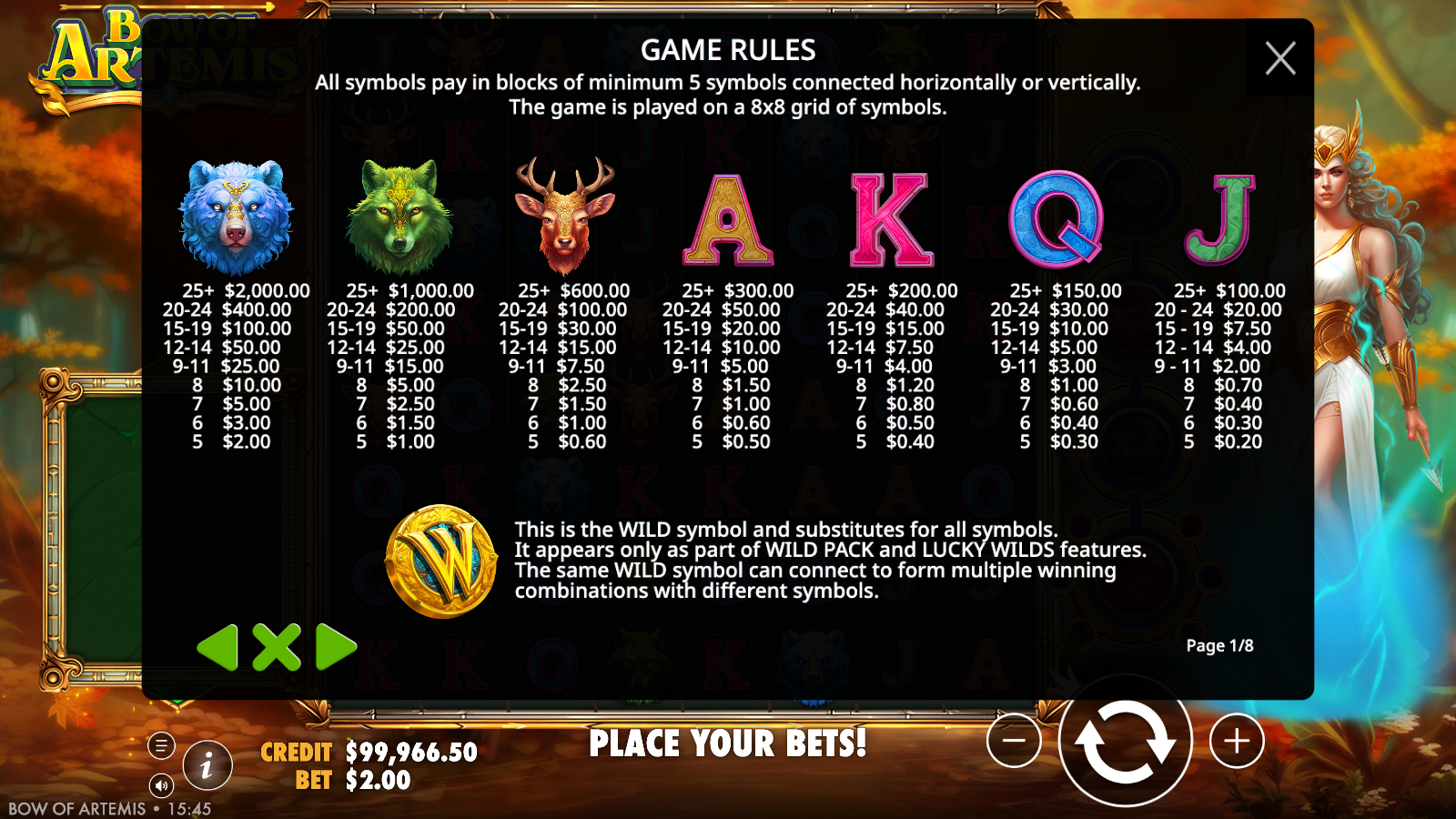 Bow of Artemis Game Rules page 1 paytable listing Blue Bear, Green Wolf, Brown Stag, A, K, Q and J with payouts by connected cluster size, plus the wild coin substitution rule