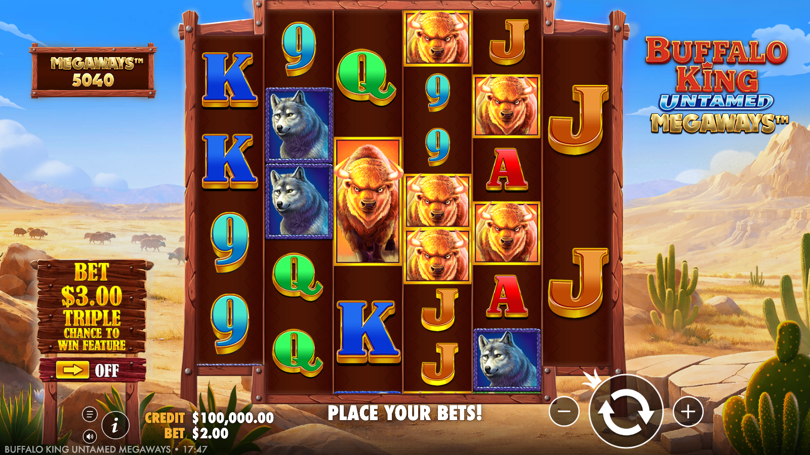 Buffalo King Untamed Megaways base grid at idle showing six Megaways reels of North American wildlife symbols with the ways counter top-left and the Ante Bet sign beside the reels
