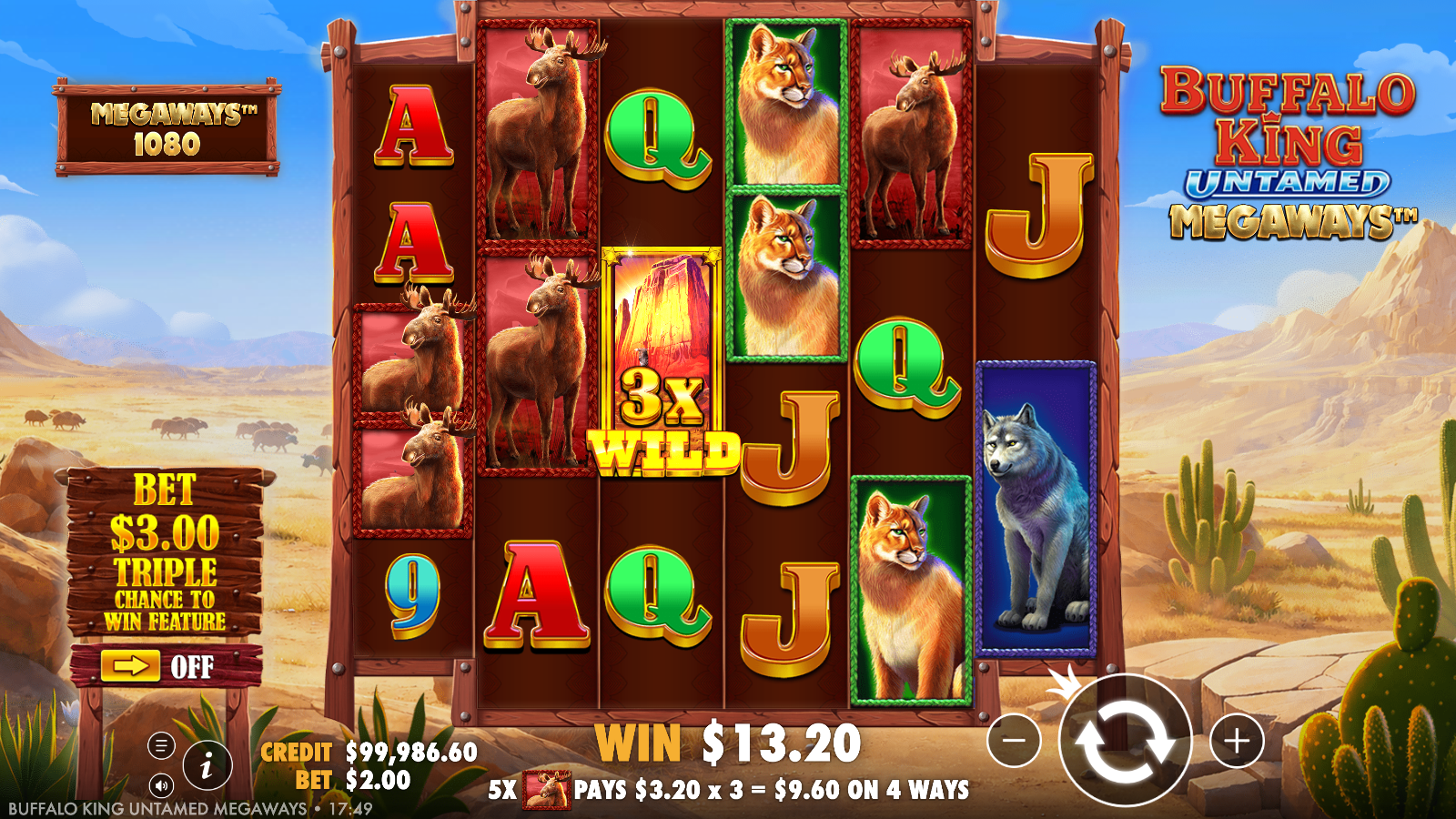 A mesa rock Wild carrying a ×3 multiplier badge completing a moose win in Buffalo King Untamed Megaways, with the win readout spelling out the multiplication