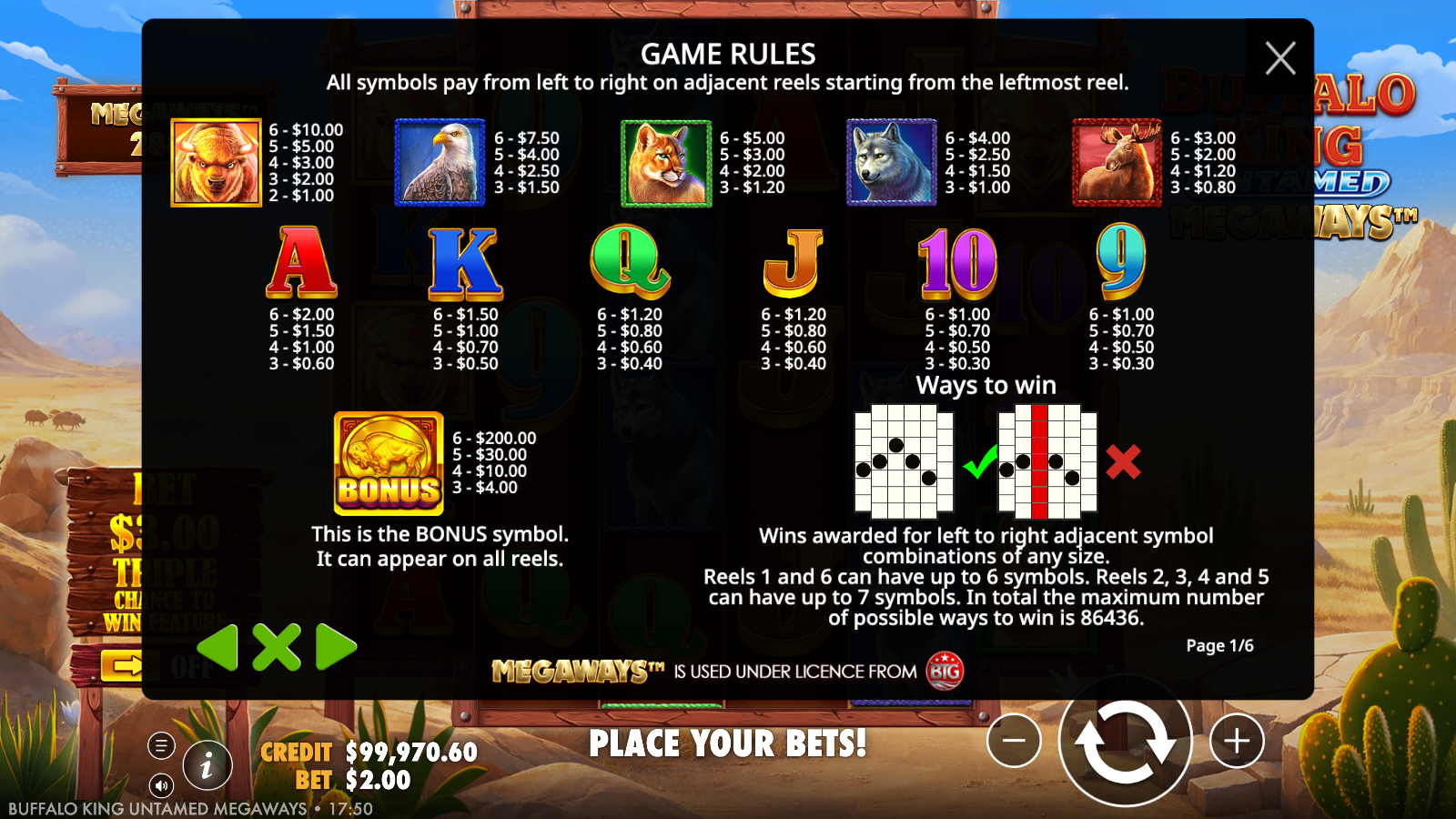 Page one of the Buffalo King Untamed Megaways in-game paytable showing the symbol ladder, the BONUS coin scatter pays and the Megaways ways-to-win diagram
