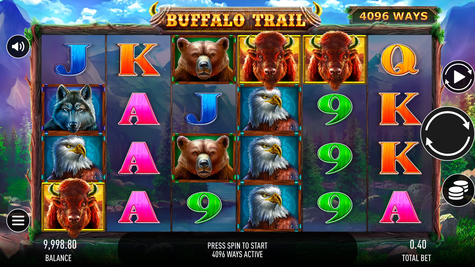 Buffalo Trail - 6x4 base grid with 4096 ways active, bison, eagle, cougar, wolf and bear premiums plus royal letter low symbols