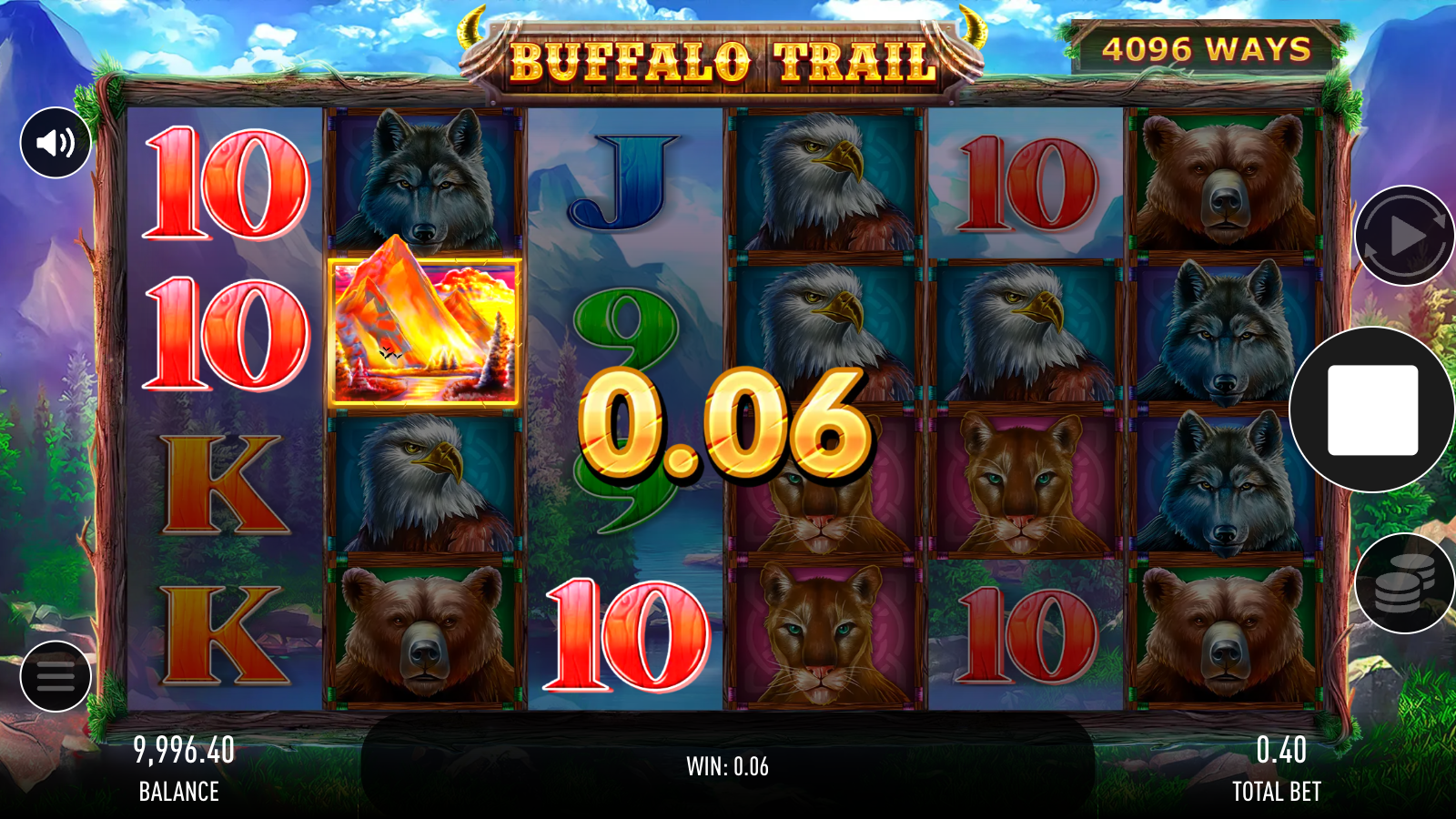 Buffalo Trail - Mountain Sunset jackpot symbol on reel 2 with a 0.06 line win in the base game