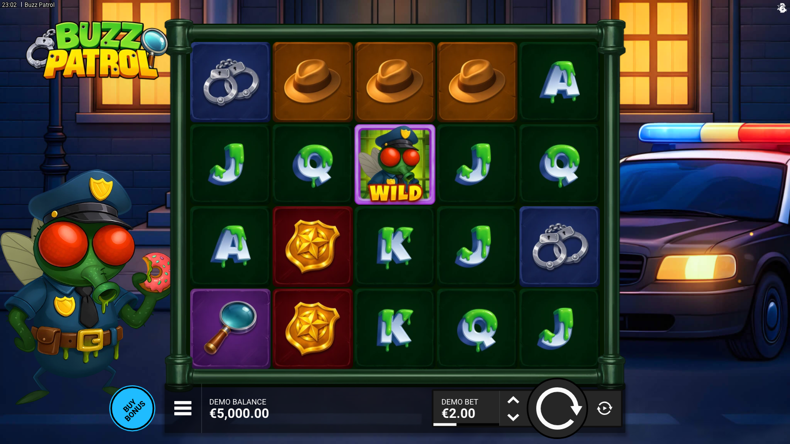 Buzz Patrol base game idle showing the 5x4 reel grid, the handcuffs and fly-badge Wild symbol centred, A and Q letter symbols on the reels, the fly-cop mascot character on the left and a parked patrol car on the right, demo balance A$8,250