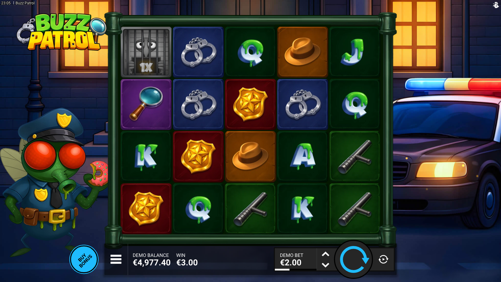 Buzz Patrol base spin showing a police siren Mini Game symbol top-left with a 3X multiplier indicator, a gold star Instant Win badge on the lower row, several handcuff Wild positions across the grid and a WIN A$4.95 indicator displayed below the reels