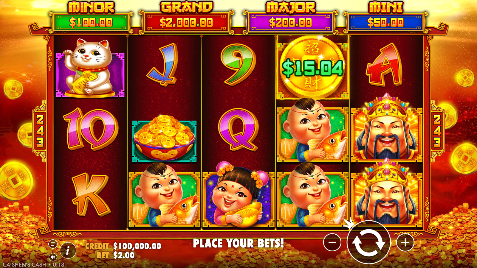 Caishen's Cash base game showing the 5x3 grid with 243 badges on the frame, four fixed jackpots above the reels, premium symbols and a gold money symbol on reel 4