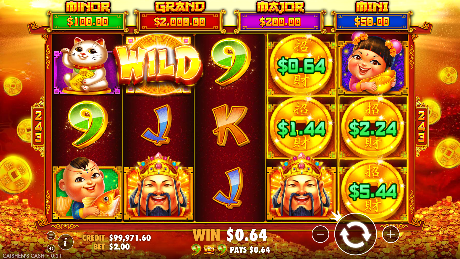 Caishen's Cash win moment with a wild on reel 2 completing a way of 9s while four money symbols hold values on reels 4 and 5