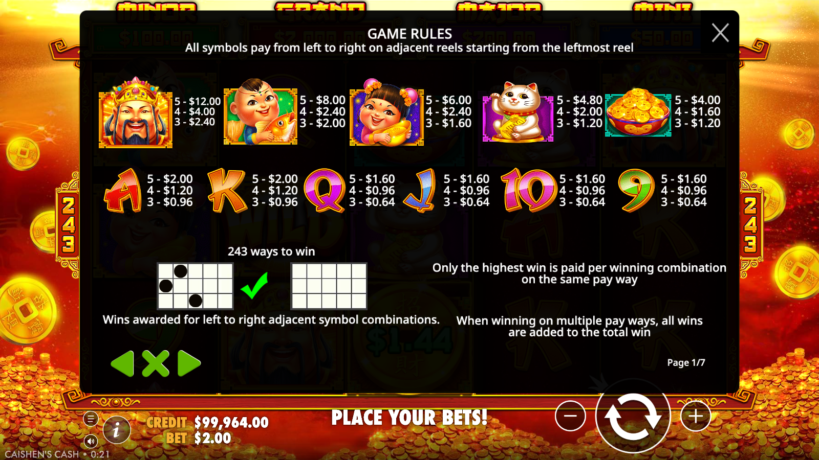 Caishen's Cash in-game paytable page showing the full symbol ladder topped by Caishen, the royals below and the 243 ways diagram
