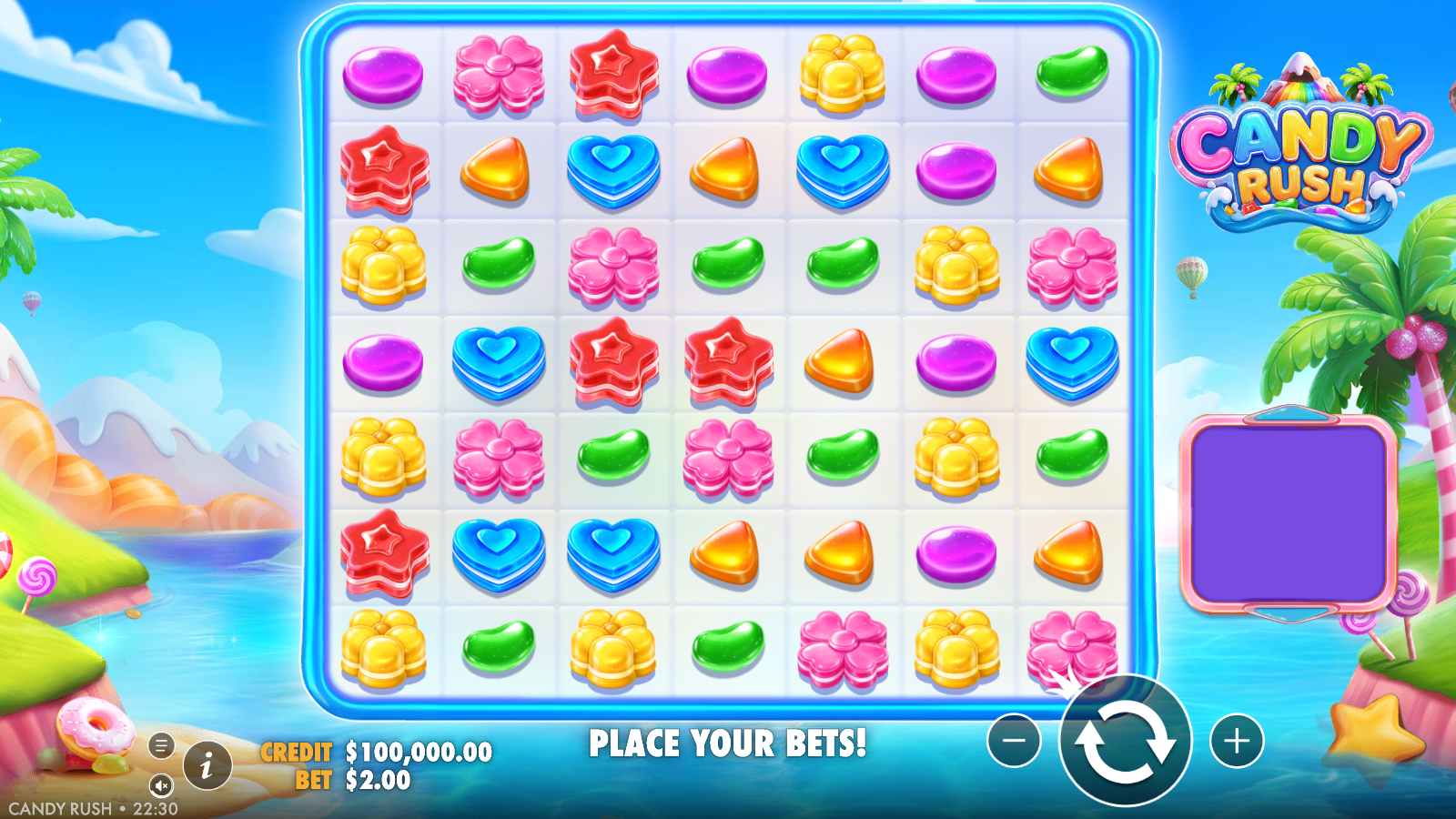 Candy Rush base game, the full 7×7 cluster-pays grid of candy symbols in its idle state