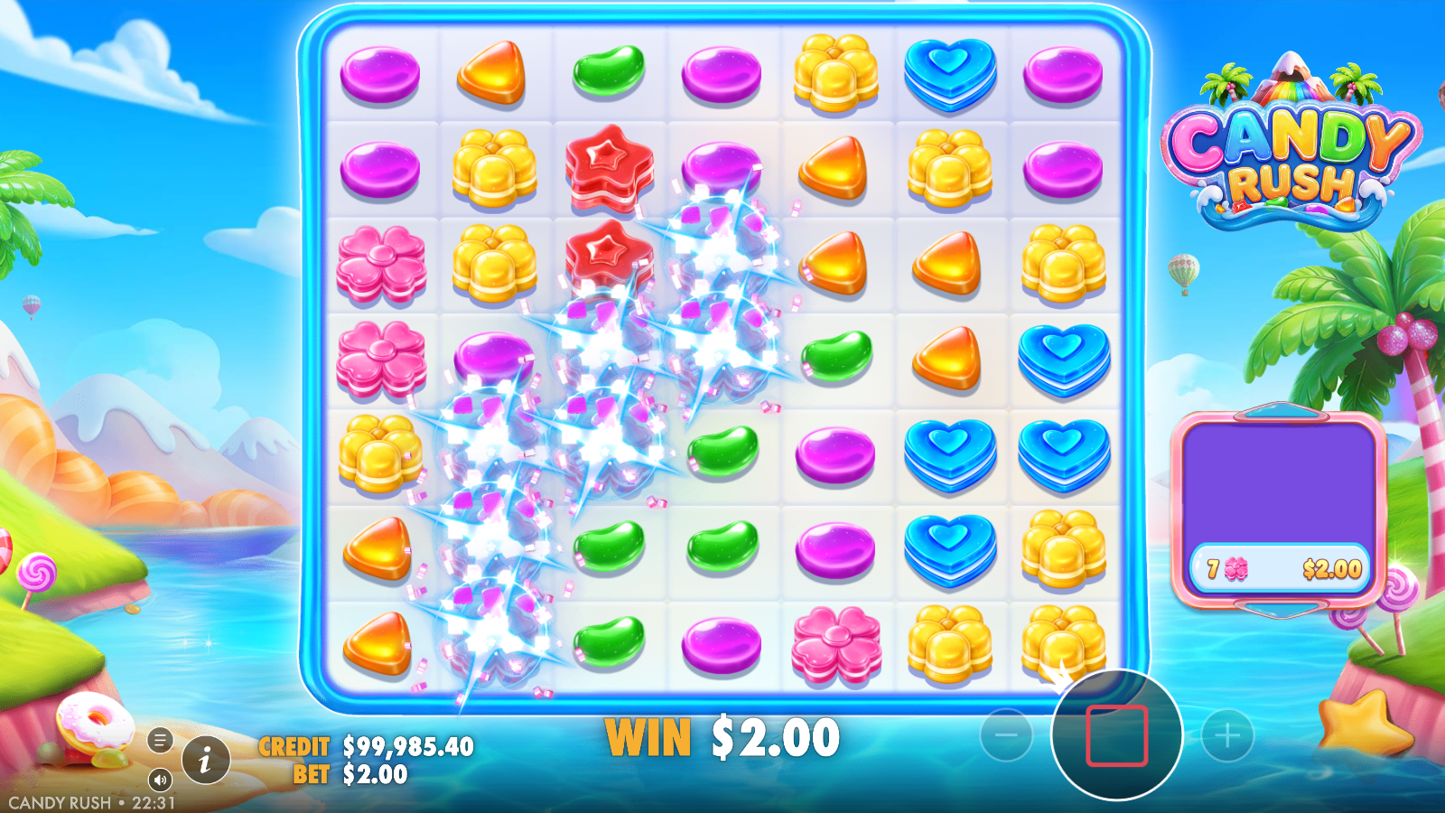 Candy Rush winning cluster bursting mid-tumble with the Multiplier Underlay zone active beneath the grid