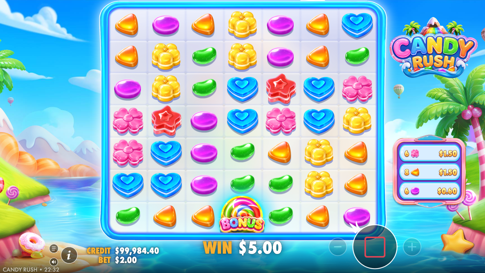 Candy Rush rainbow BONUS scatter on the grid during a multi-cluster paying tumble