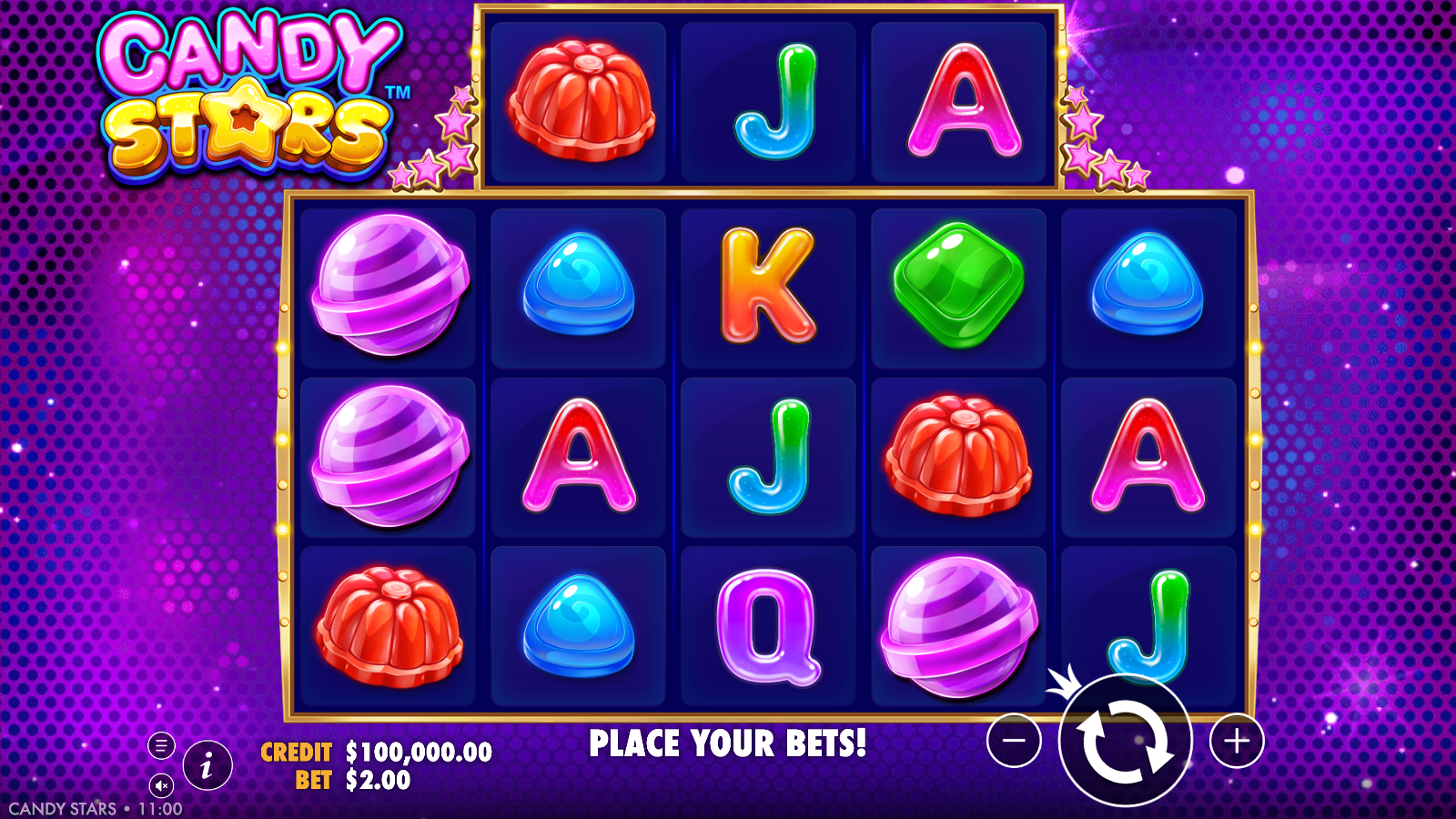 Candy Stars at rest on its five-reel candy grid with the extra sliding reel across the top, jelly, lollipop and jellybean symbols filling the reels above the PLACE YOUR BETS bar
