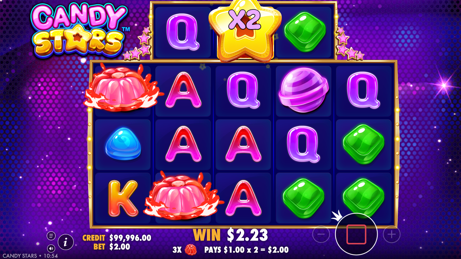 The yellow Star wild sitting on the Candy Stars top sliding reel carrying a multiplier badge while a tumble win resolves on the reels below with the on-screen pay readout