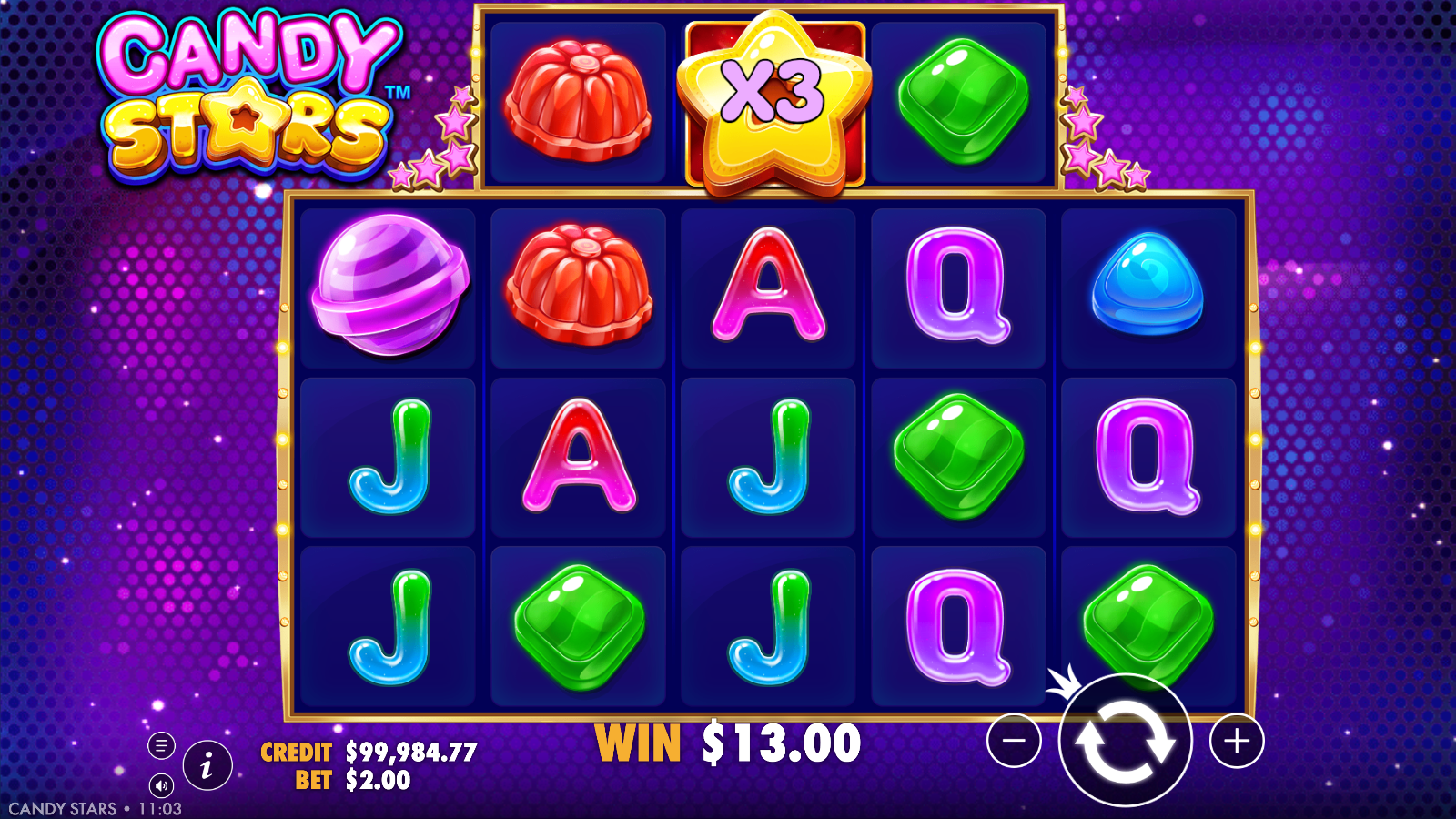 The Candy Stars Star wild on the top sliding reel showing a higher multiplier badge as consecutive tumbles chain into a large green-candy cluster win