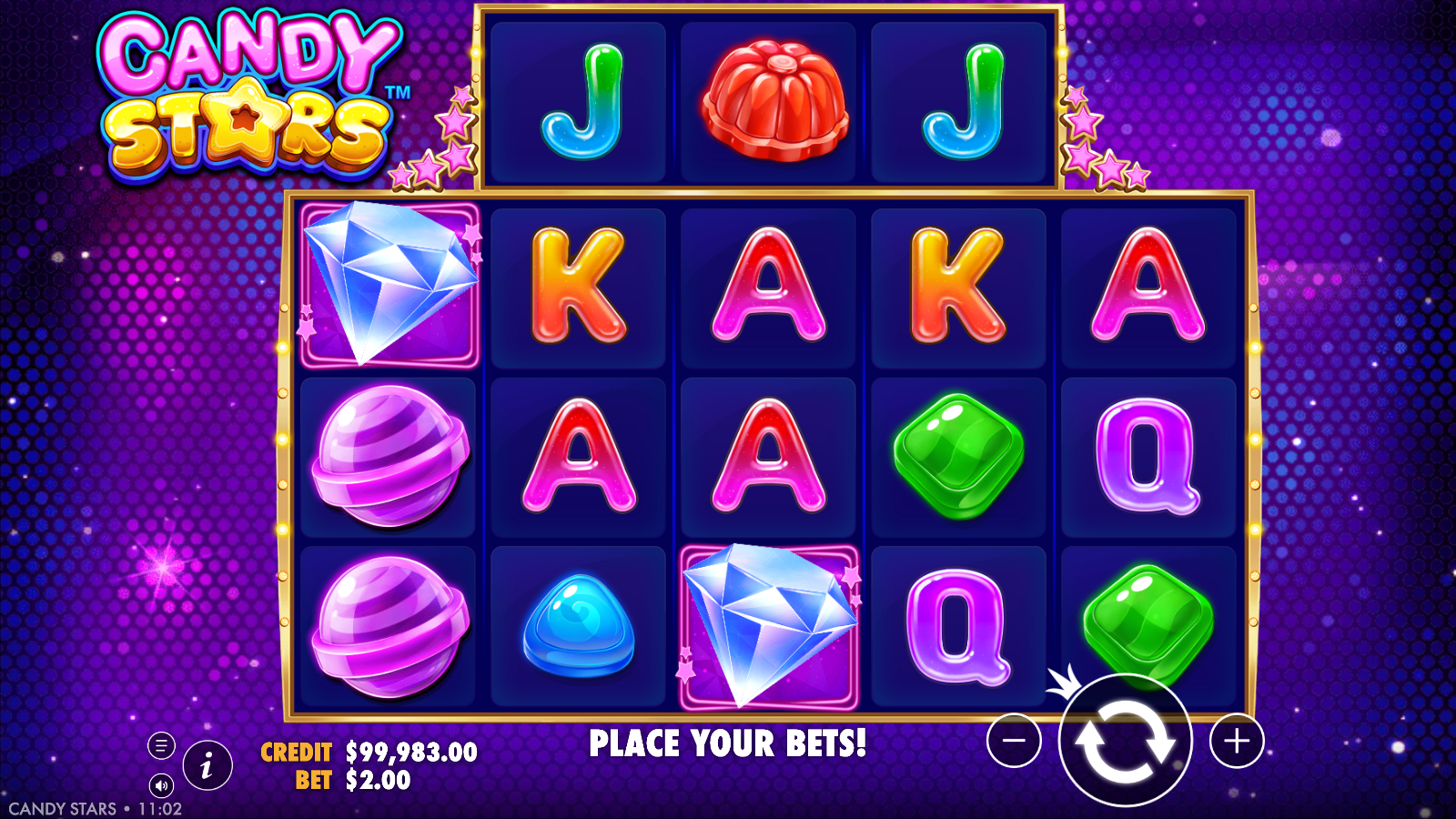 Two sparkling Diamond scatter symbols landing on the Candy Stars reels, the symbols that open the Free Spins round when three appear