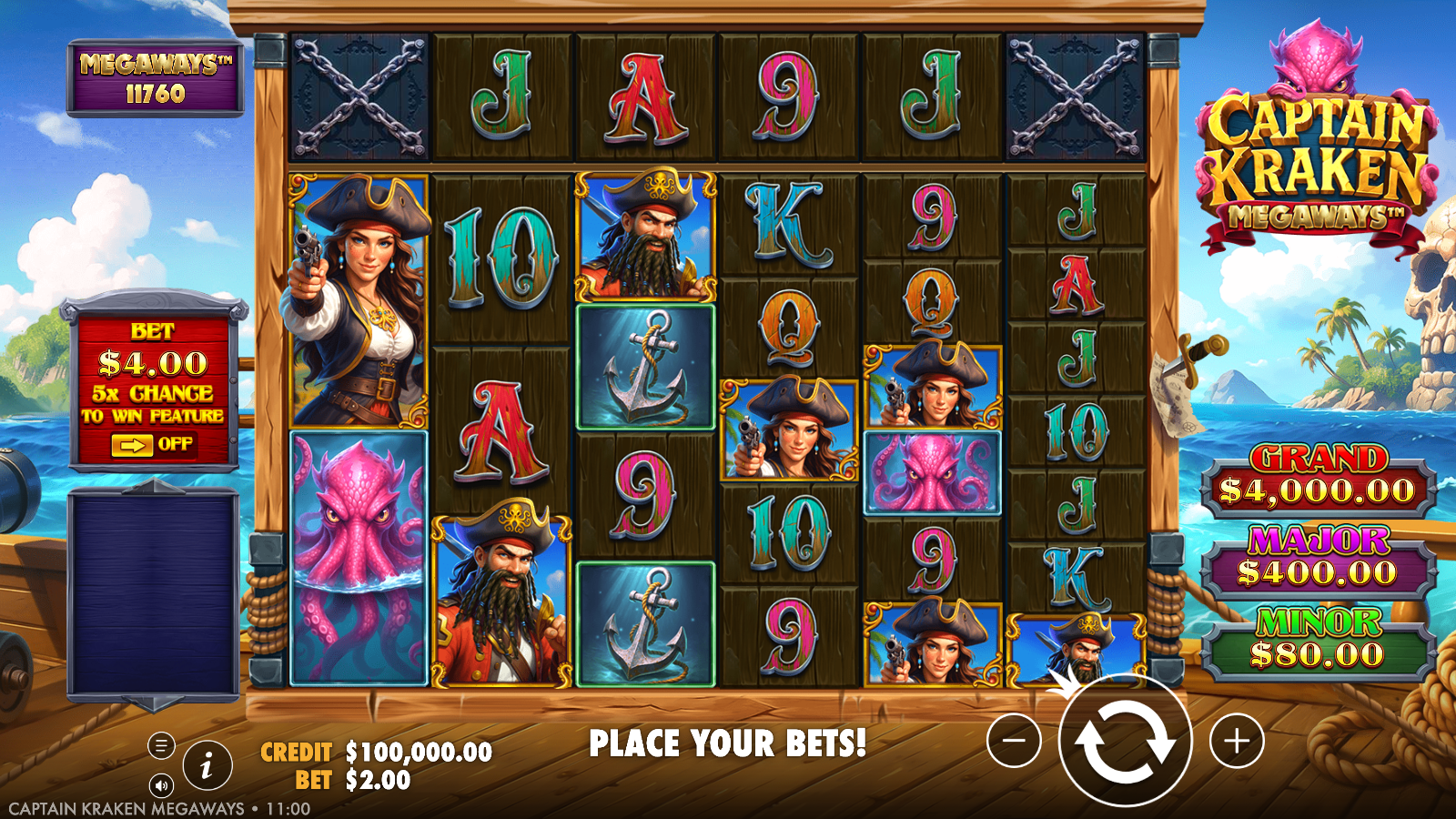 Captain Kraken Megaways at idle on the six-reel pirate-ship grid, with the live MEGAWAYS ways counter top-left, the Grand, Major and Minor jackpot ladder on the right and the Double-Chance feature toggle on the left
