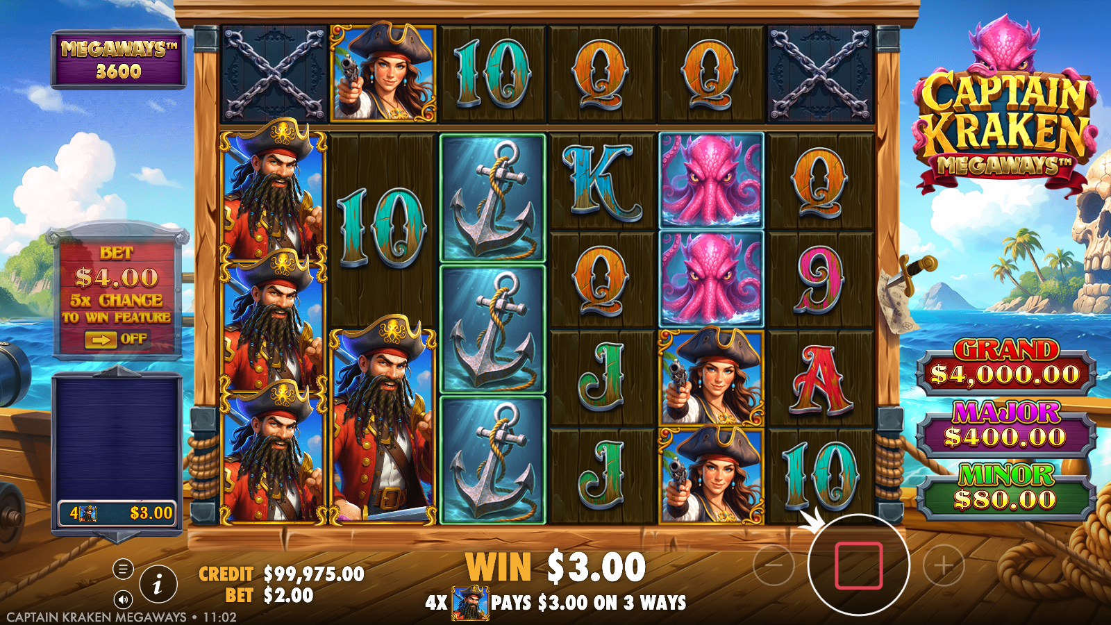 Captain Kraken Megaways base-game win: a column of stacked pirate-captain premiums lined up with the on-screen readout spelling out how the win pays across multiple Megaways ways, pink kraken and anchor symbols filling the reels
