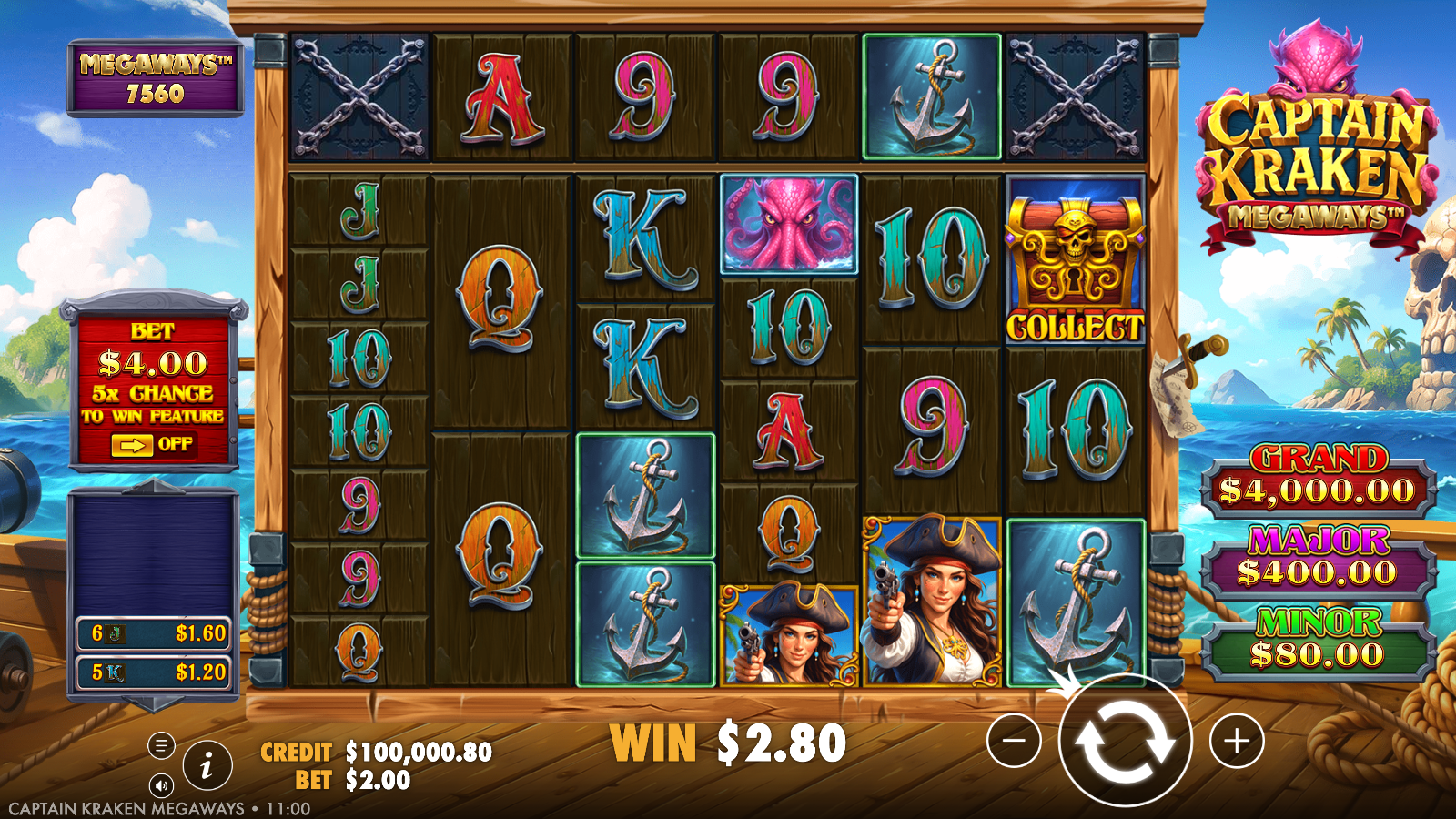 Captain Kraken Megaways COLLECT chest symbol landing on the right-hand reel beside pirate premiums and a skull money coin, the Cash Collect element behind the Hold and Respin feature