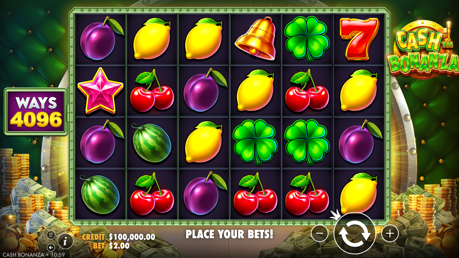 Cash Bonanza base game at idle: the 6-reel fruit-machine grid showing cherries, plums, lemons, watermelons, grapes, bells, stars and the lucky seven, with the WAYS 4096 panel on the left and the circular spin button bottom right