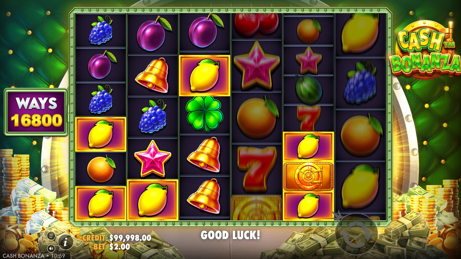 Cash Bonanza Increasing Ways Respin in action: a row of winning symbols locked and highlighted, the reels grown taller, the WAYS counter jumped from 4096 up into the tens of thousands, and a golden money-vault scatter on the reels