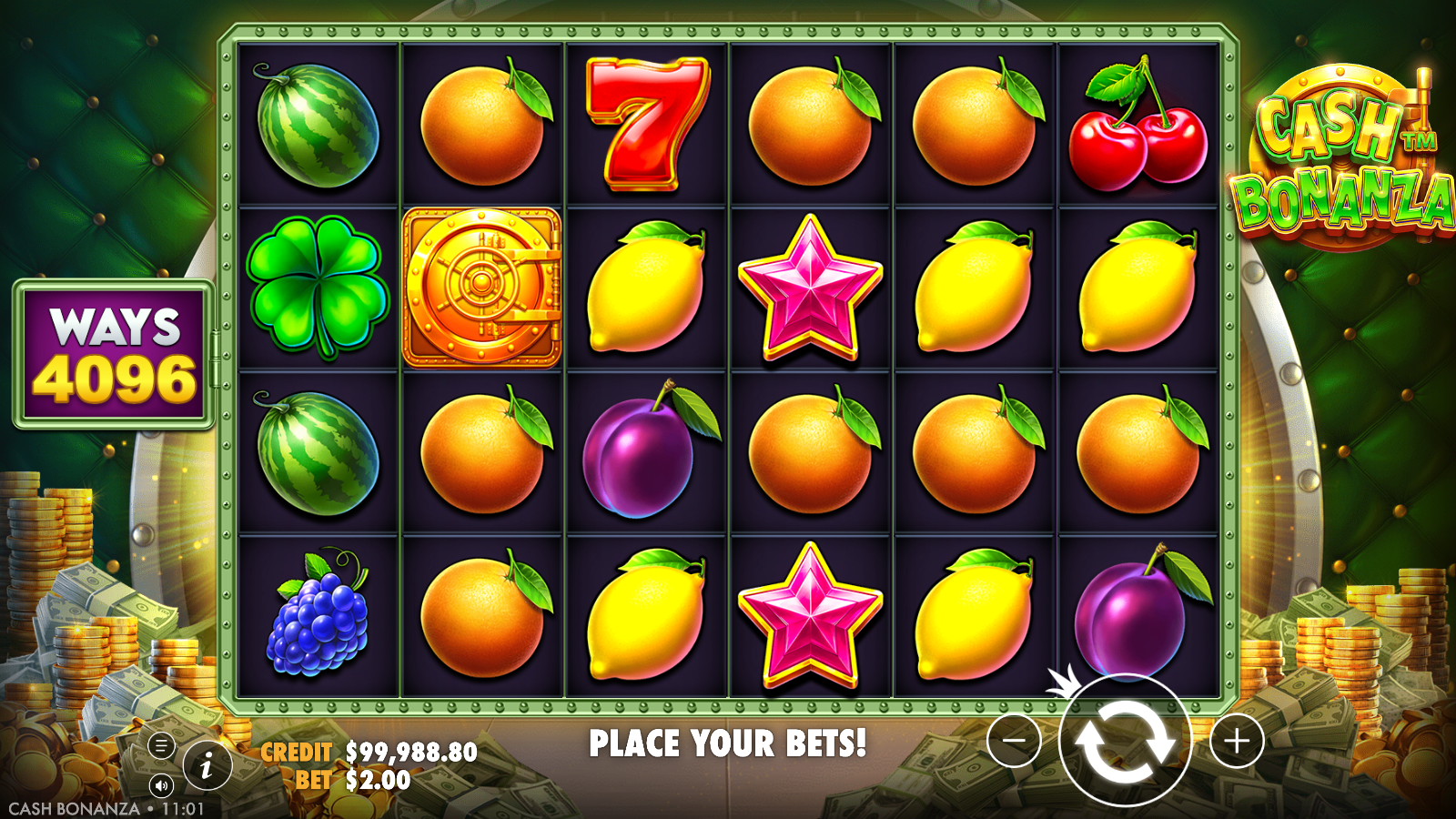 Cash Bonanza golden money-vault scatter symbol shown on a clean six-reel grid alongside fruit and star symbols