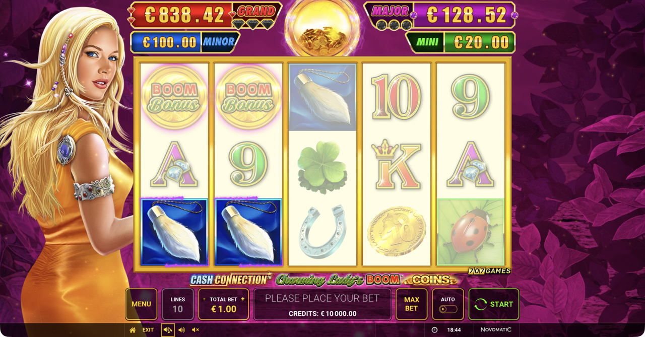 The base five-reel grid with the jackpot ladder, where the Boom Bonus scatters build toward the feature.