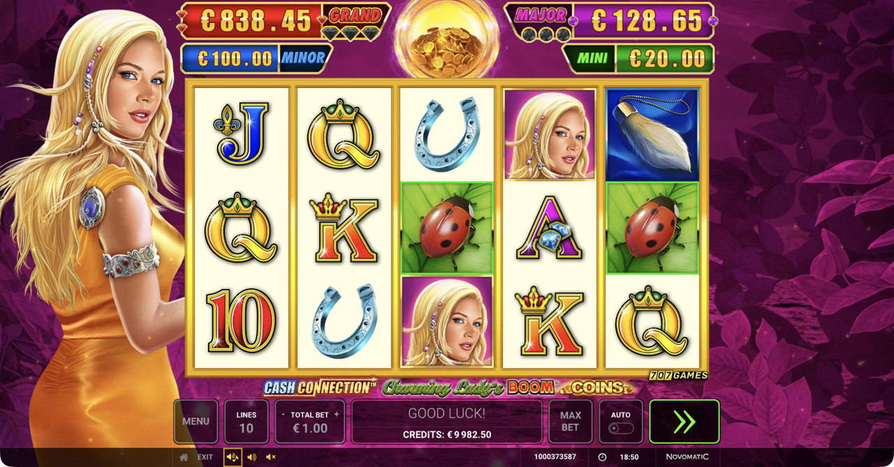 A win with the Charming Lady wild on the reels, the symbol that doubles the line it completes.